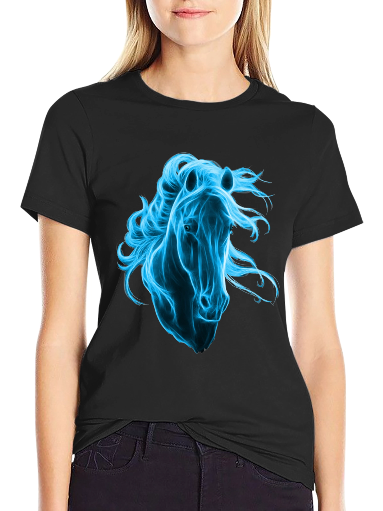 Mens Black T-Shirt with Blue Horse Graphic