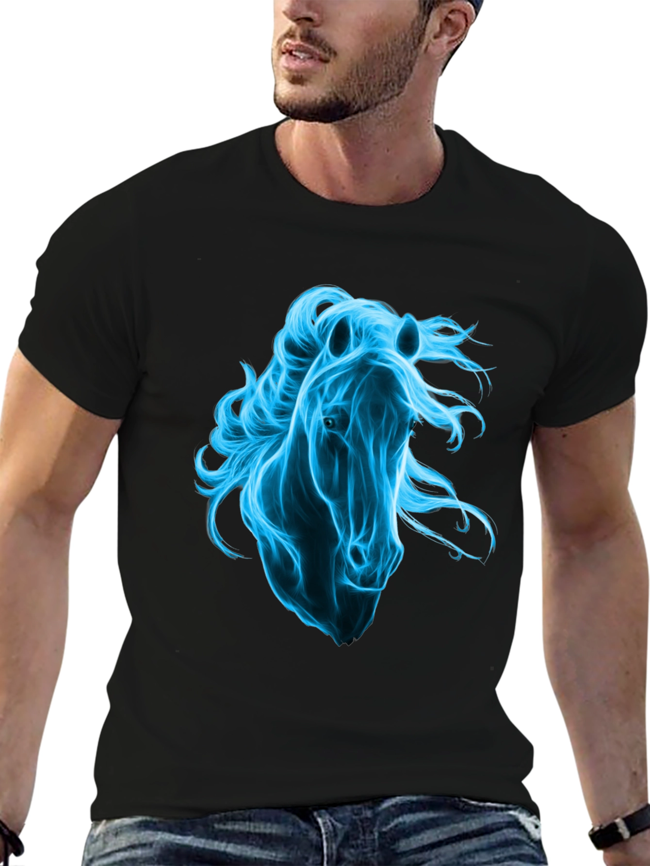 Mens Black T-Shirt with Blue Horse Graphic