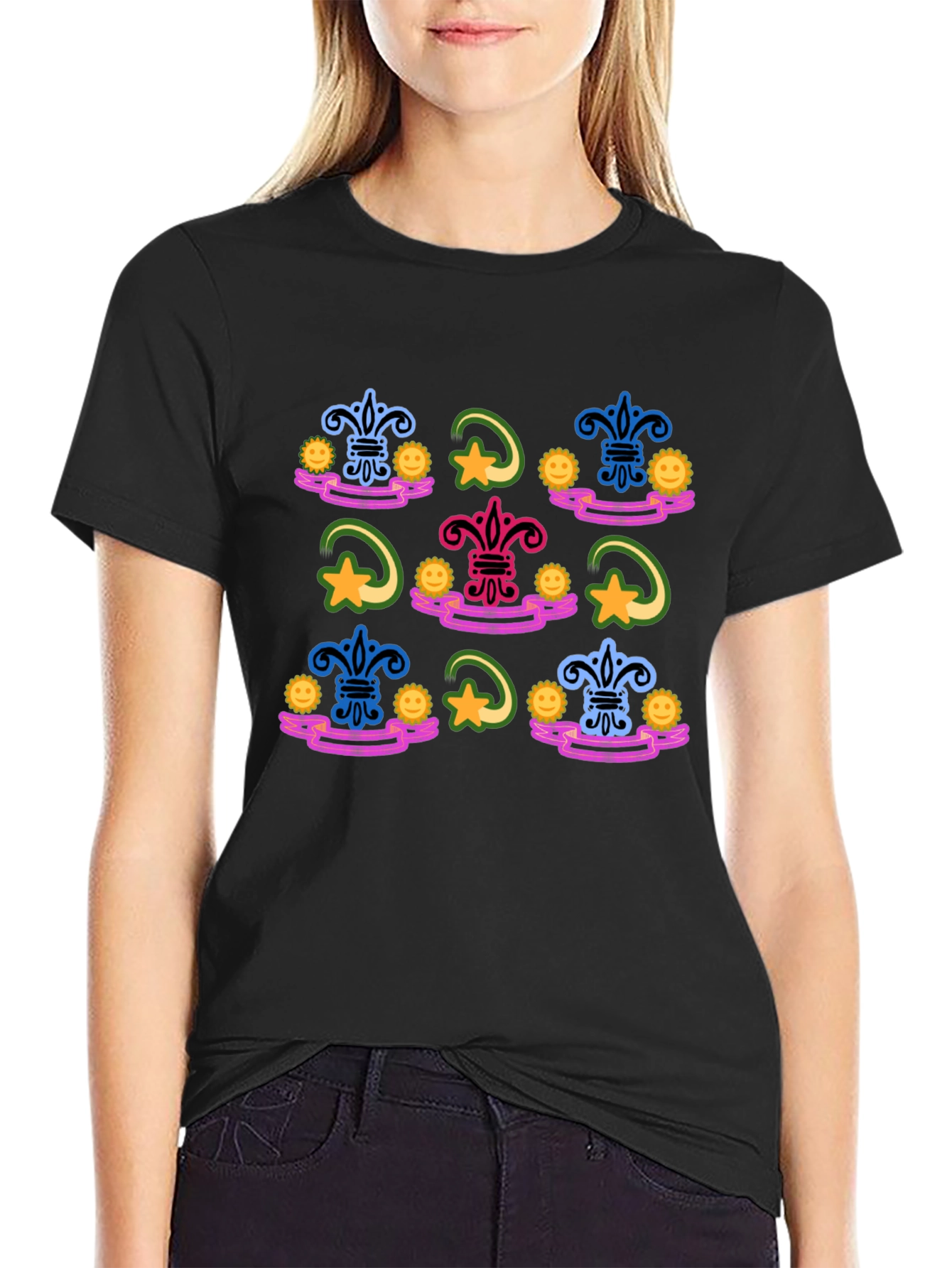 Funky Fleur-de-Lis Pattern Black T-Shirt