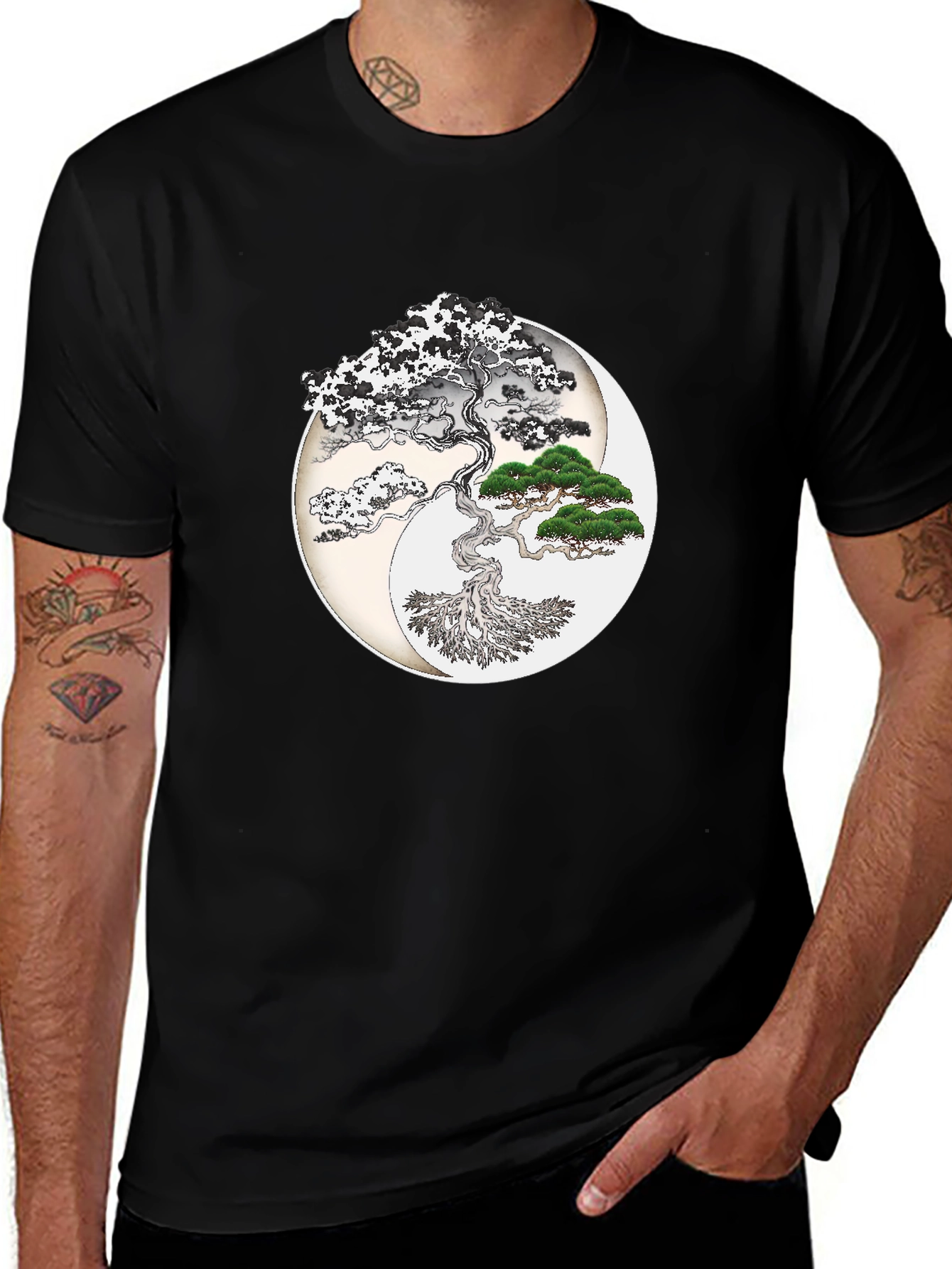Yin Yang Bonsai Tree Graphic T-Shirt - Black
