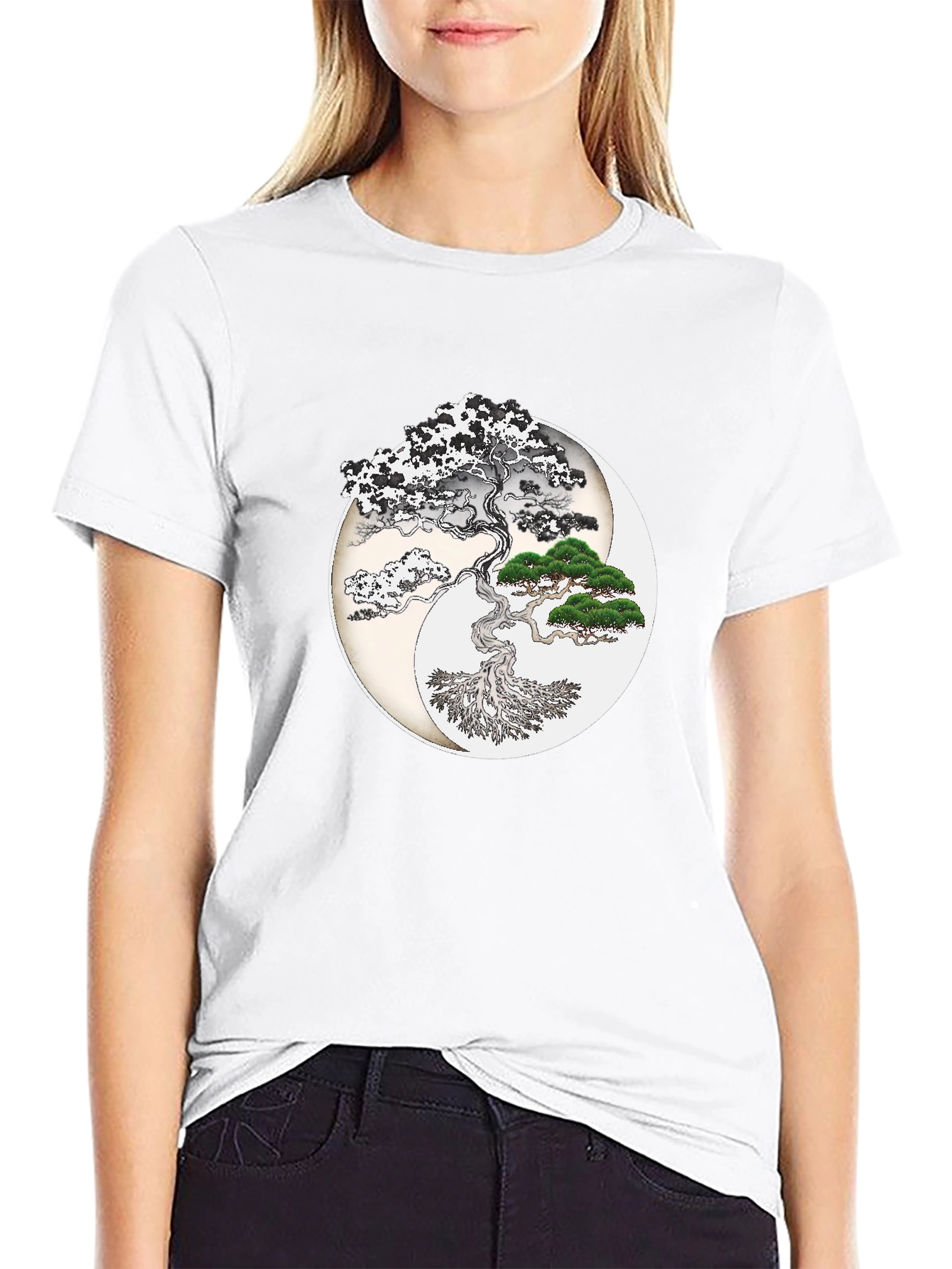Yin Yang Bonsai Tree Graphic T-Shirt - Black