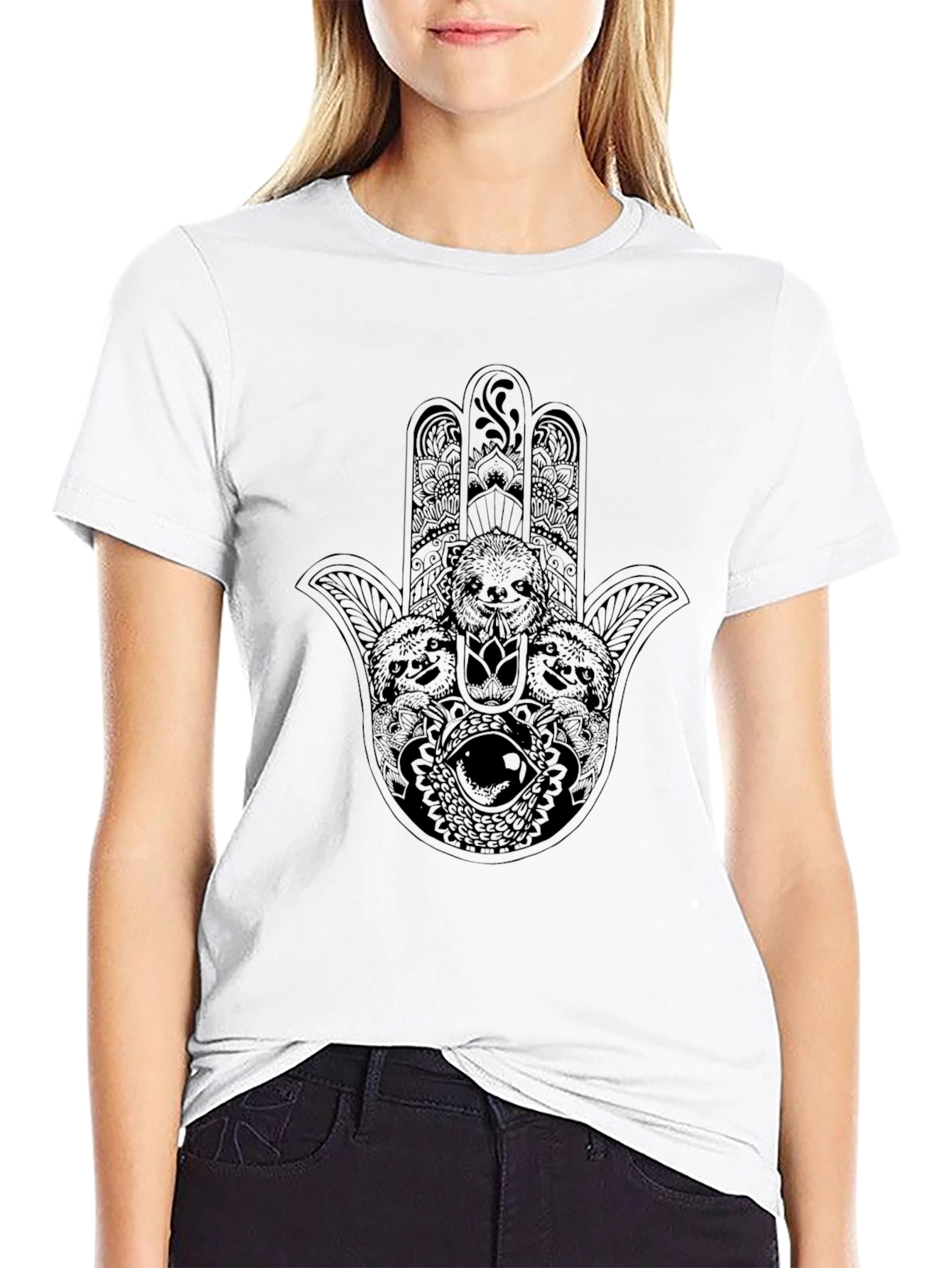 Black Hamsa Sloth Graphic T-Shirt