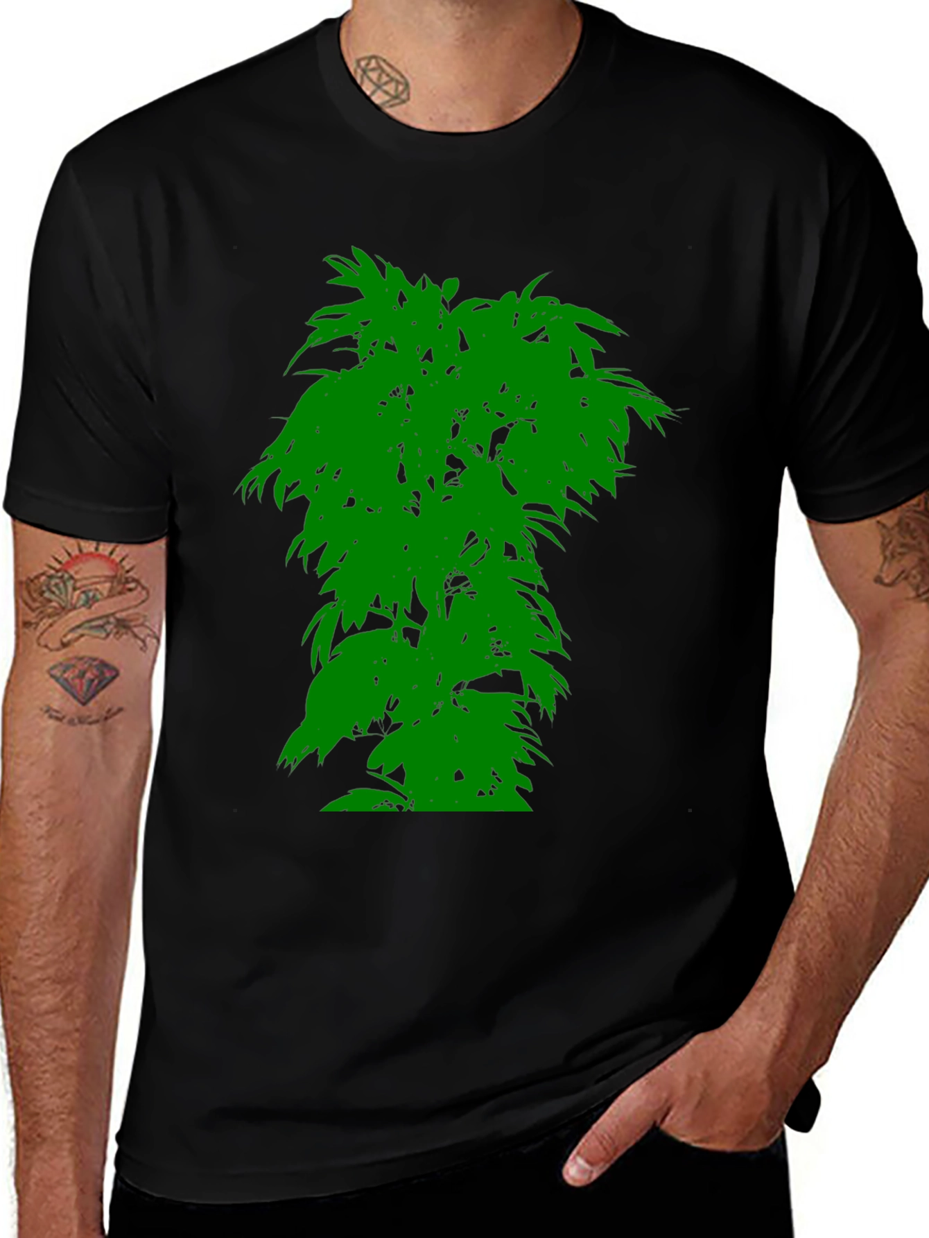 Mens Black T-Shirt with Green Tree Graphic