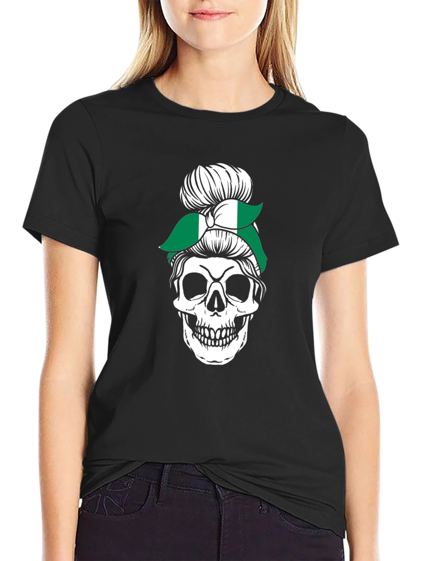 Skull Nigeria Messy Bun T-Shirt