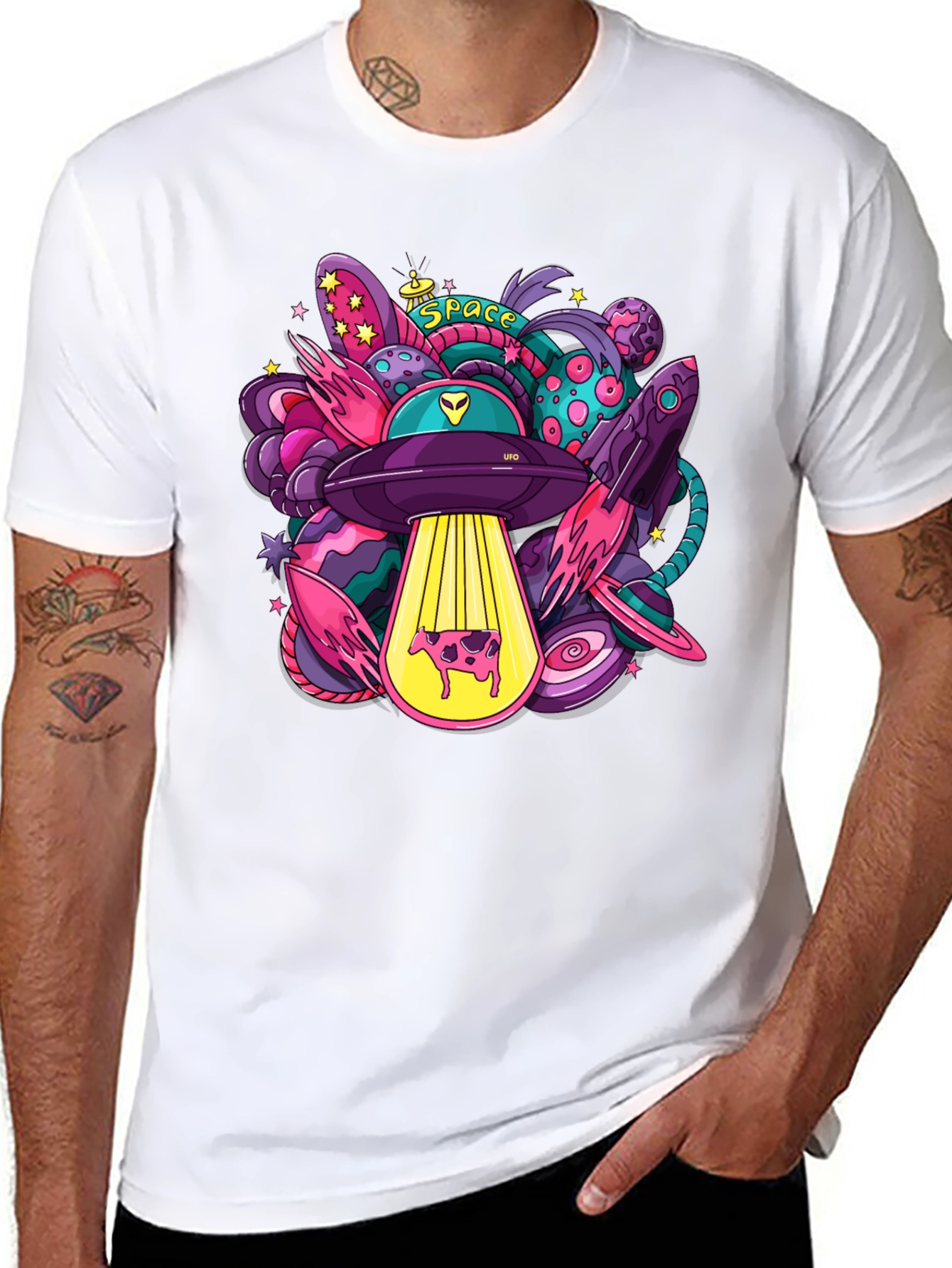 Cosmic Cow Abduction T-Shirt - Space UFO Graphic Tee
