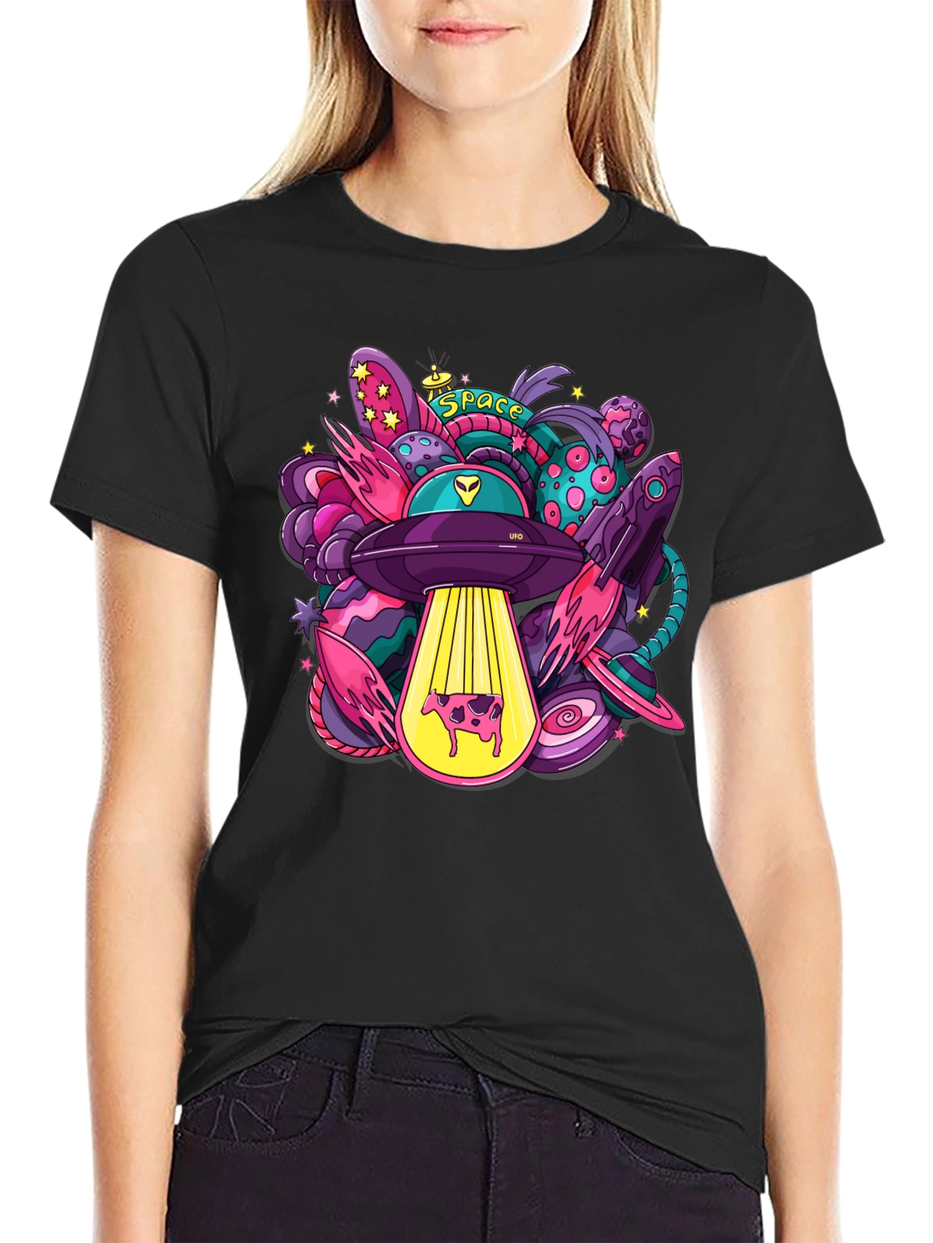 Cosmic Cow Abduction T-Shirt - Space UFO Graphic Tee