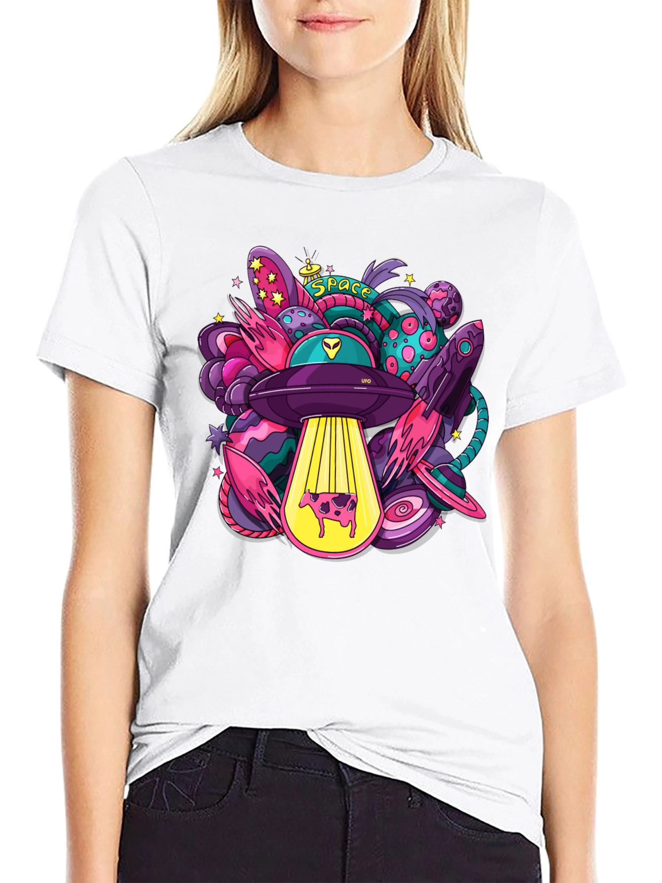 Cosmic Cow Abduction T-Shirt - Space UFO Graphic Tee