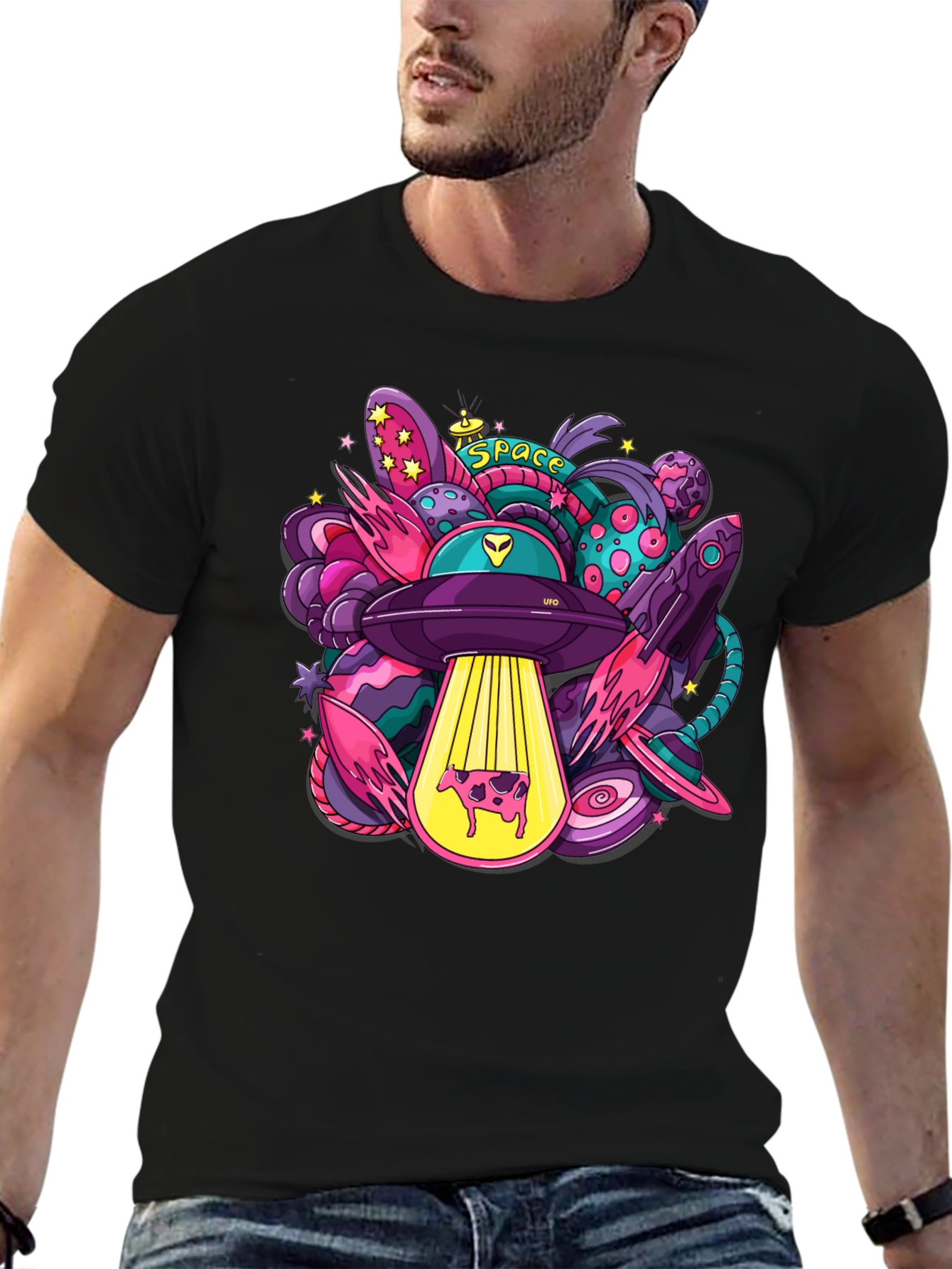 Cosmic Cow Abduction T-Shirt - Space UFO Graphic Tee
