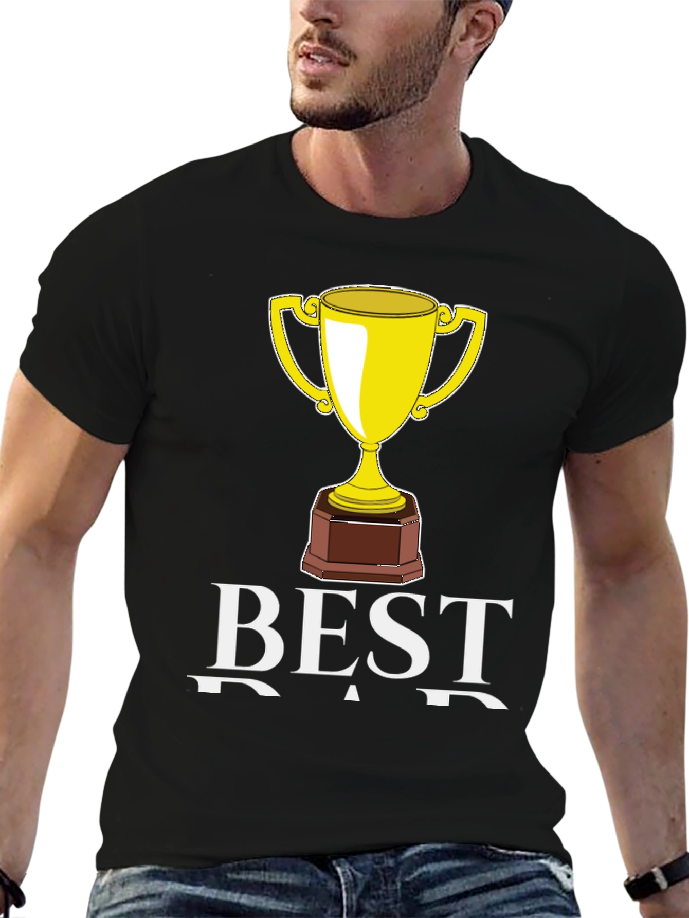Best Dad Trophy Graphic Tee - Black Cotton T-Shirt