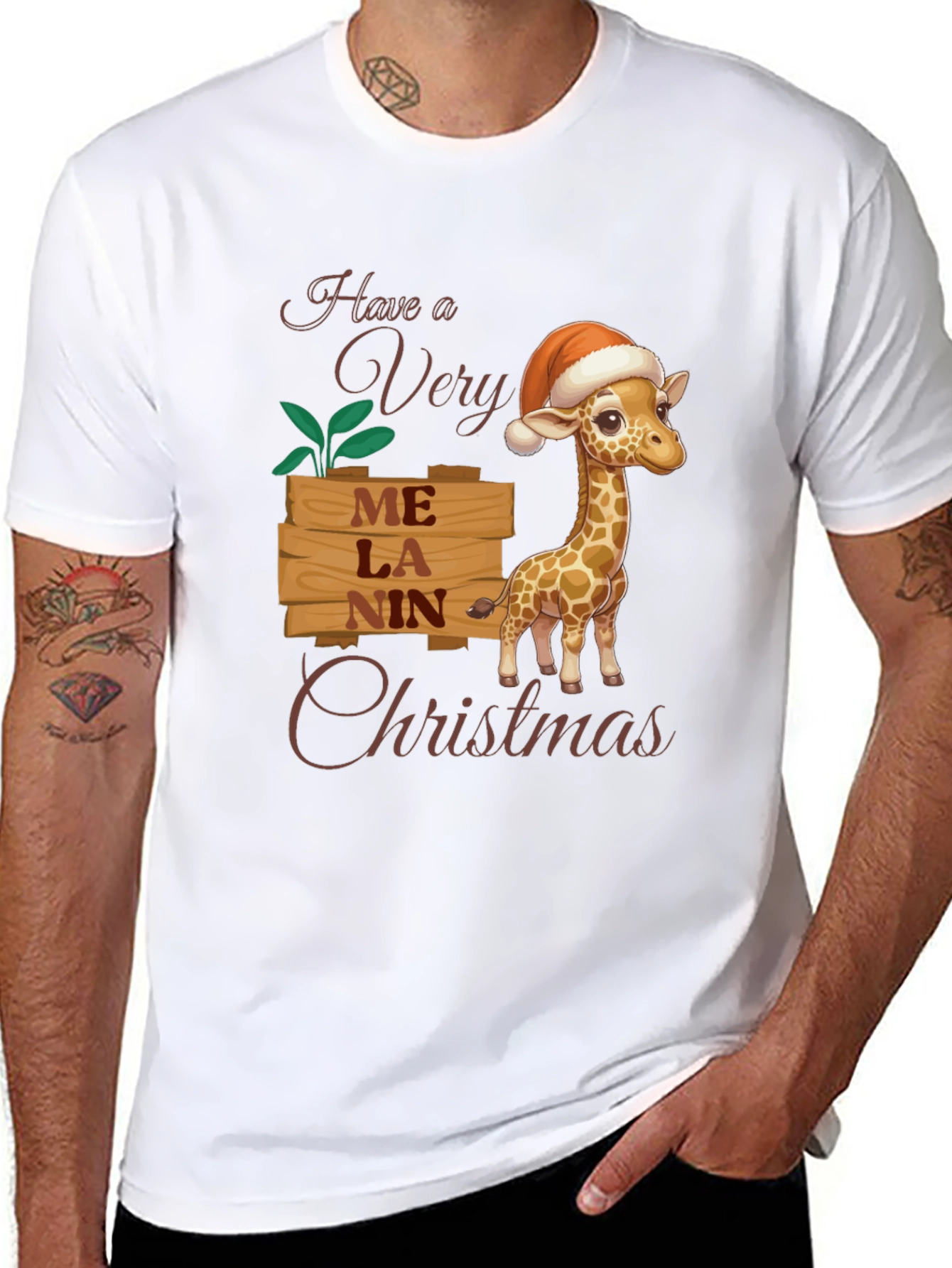 Melanin Giraffe Christmas T-Shirt