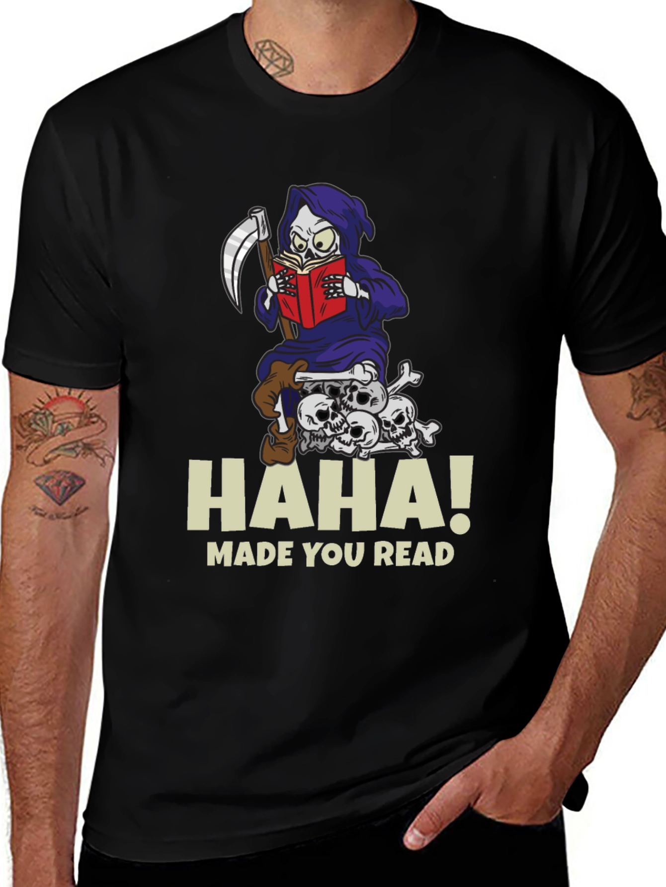 Humorous Grim Reaper Reading Graphic T-Shirt