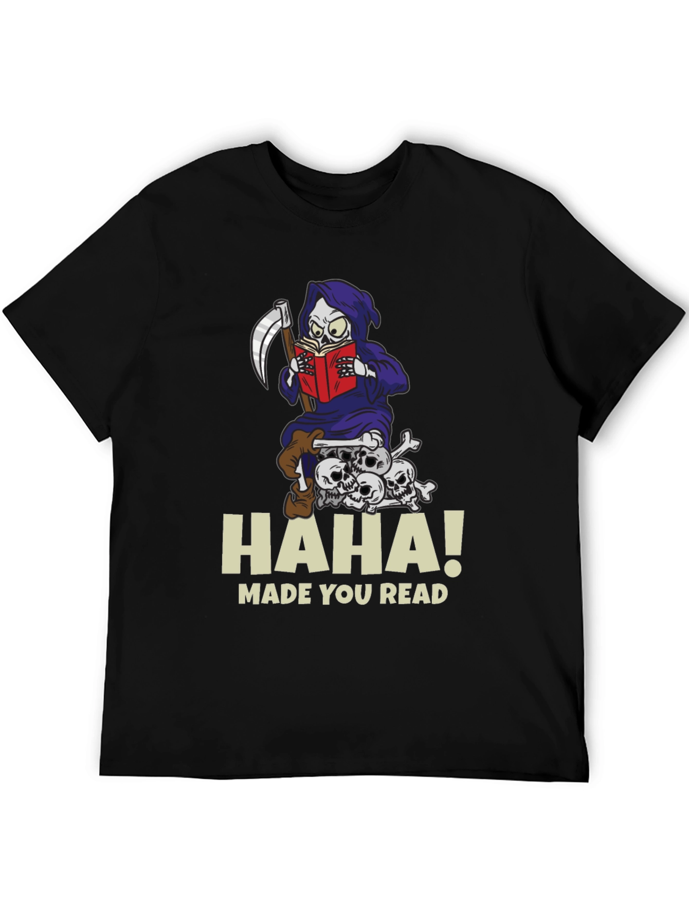 Humorous Grim Reaper Reading Graphic T-Shirt