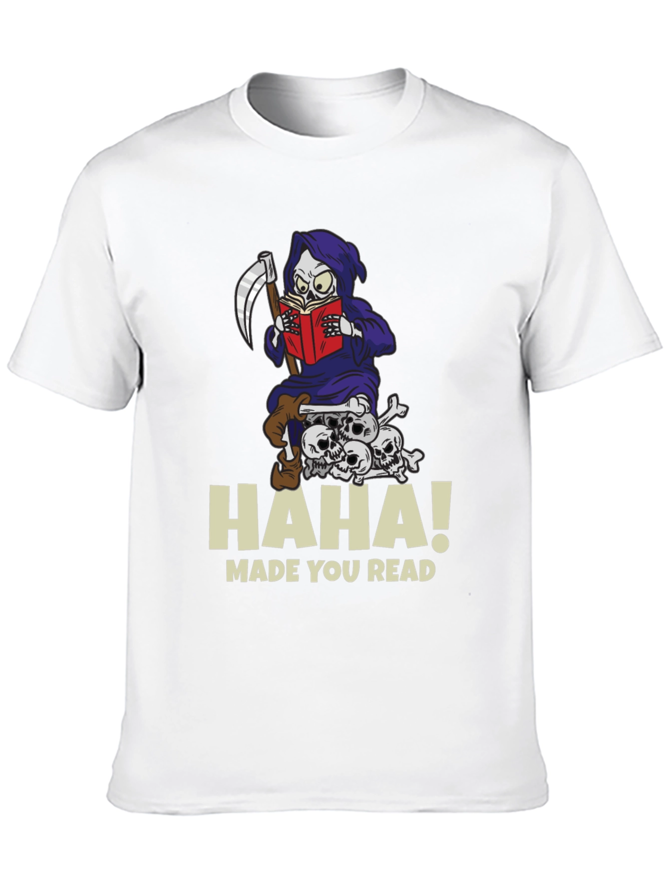 Humorous Grim Reaper Reading Graphic T-Shirt