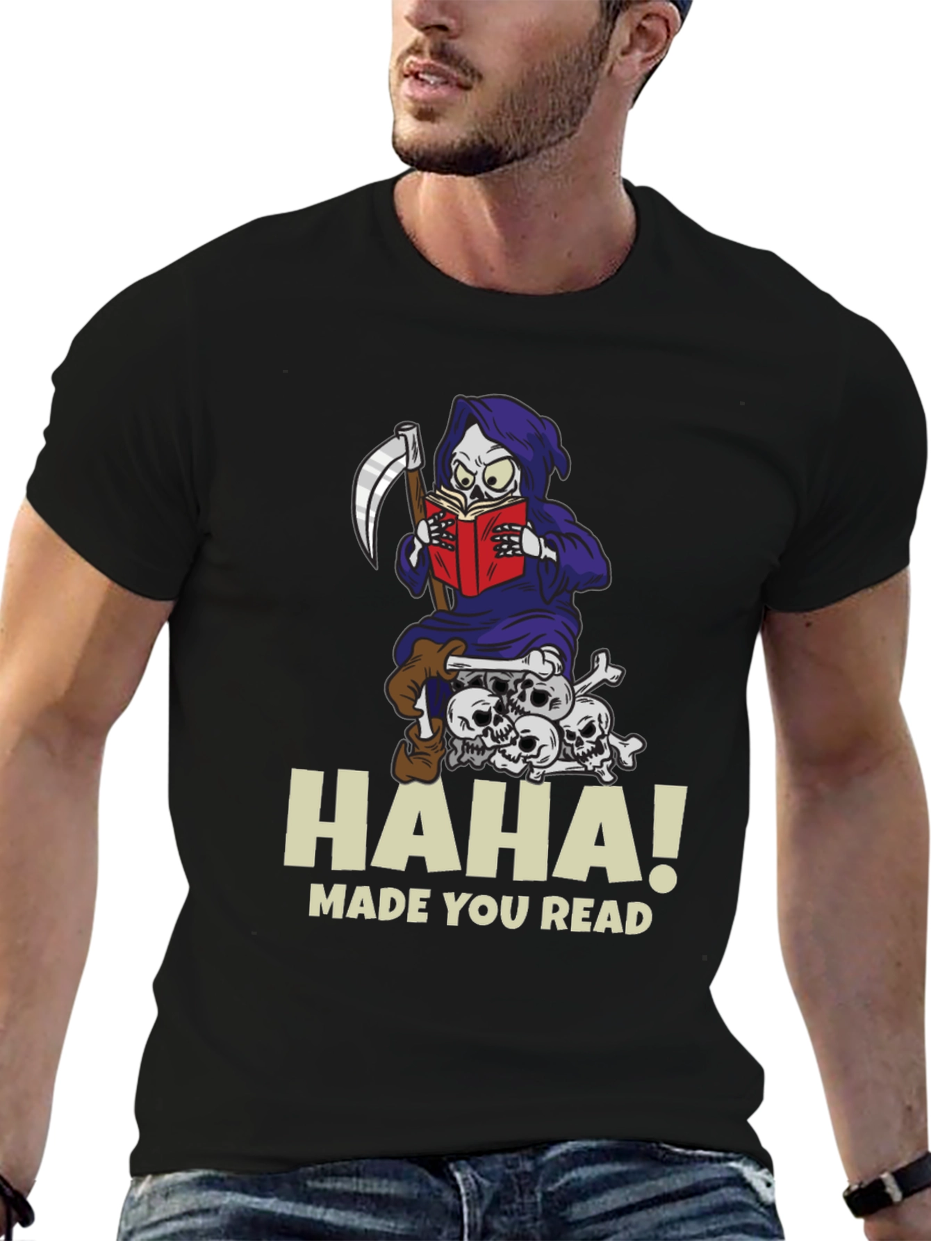 Humorous Grim Reaper Reading Graphic T-Shirt