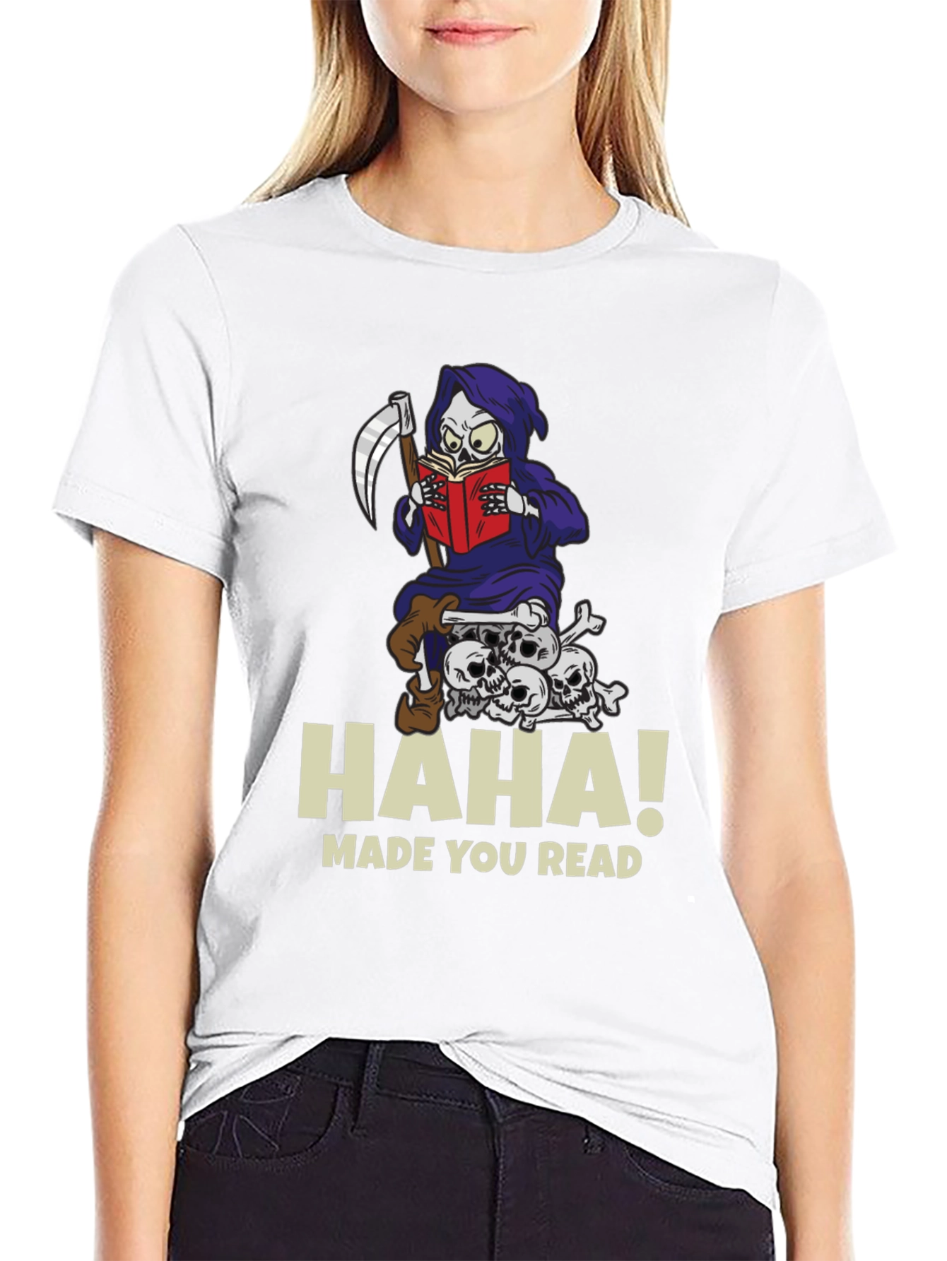 Humorous Grim Reaper Reading Graphic T-Shirt