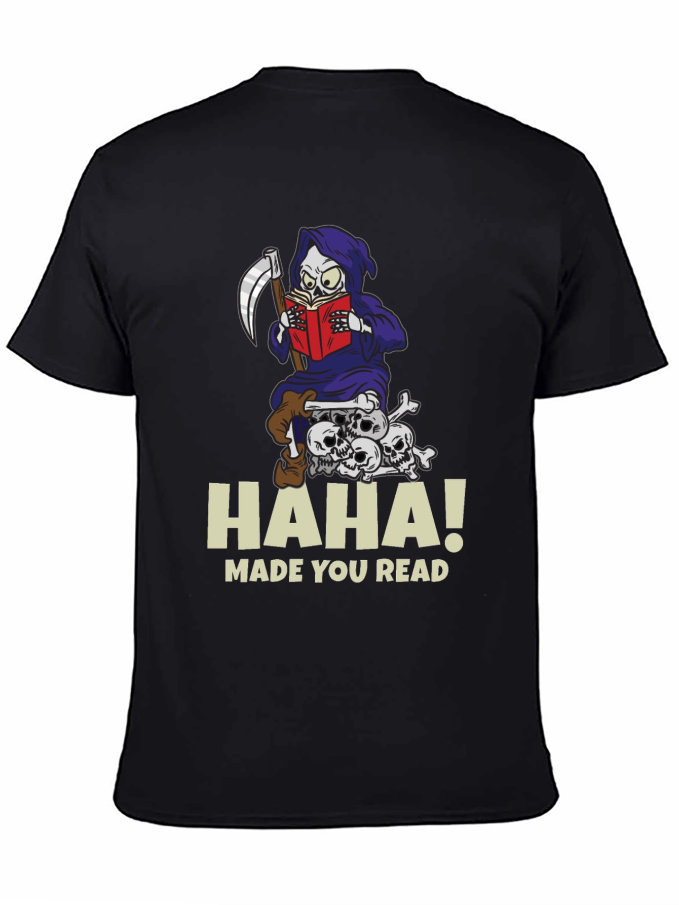 Humorous Grim Reaper Reading Graphic T-Shirt