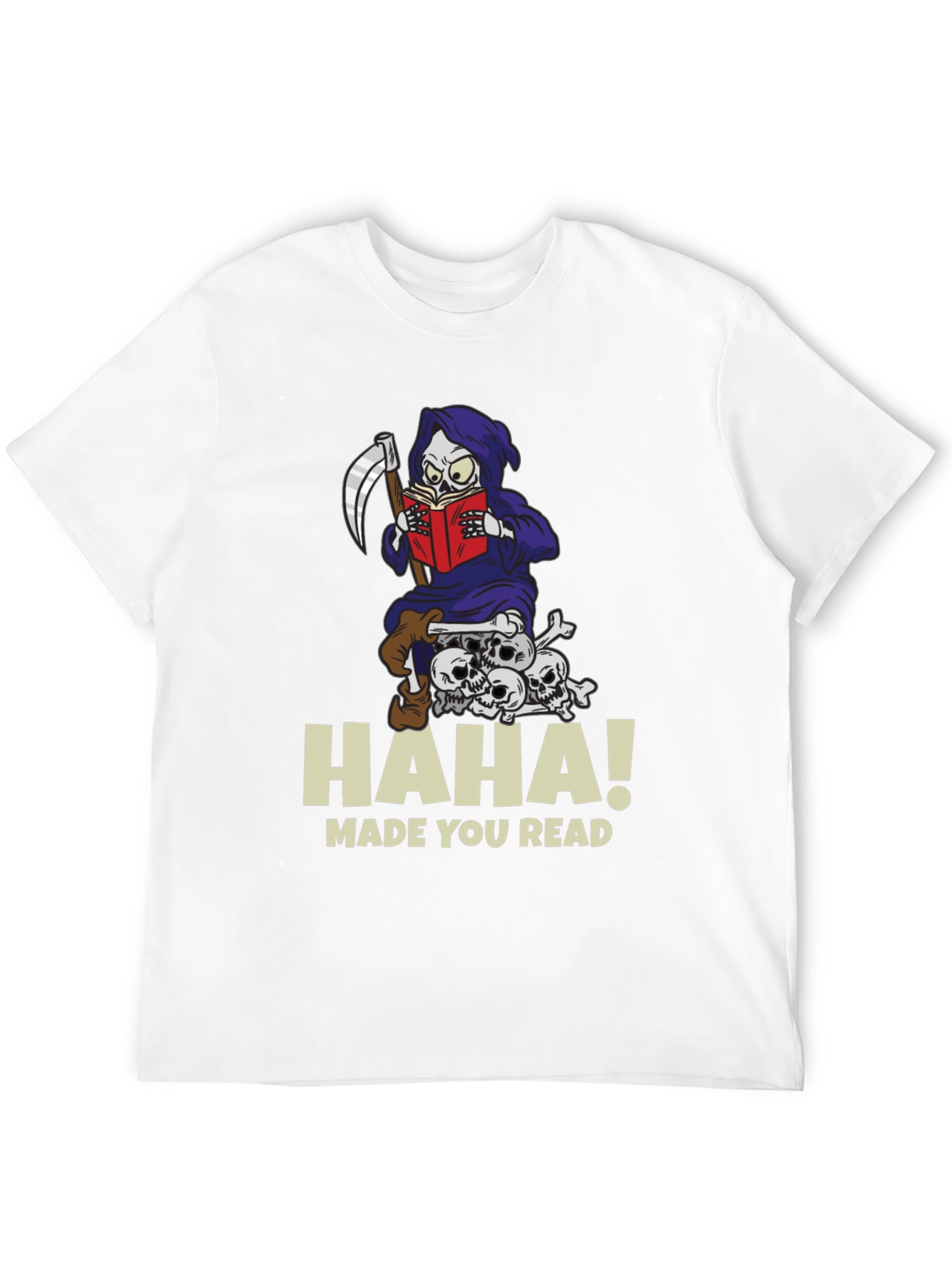 Humorous Grim Reaper Reading Graphic T-Shirt