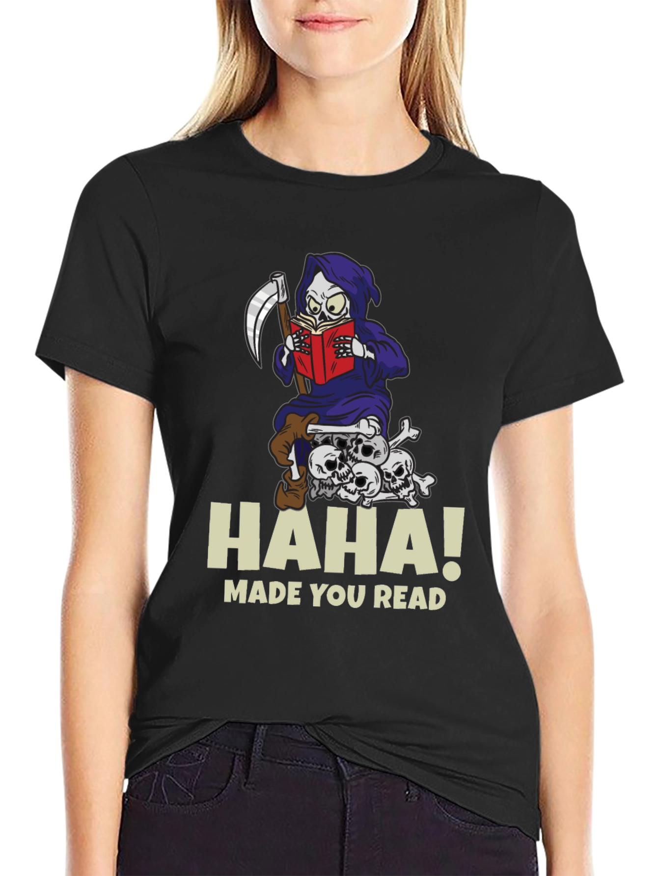 Humorous Grim Reaper Reading Graphic T-Shirt