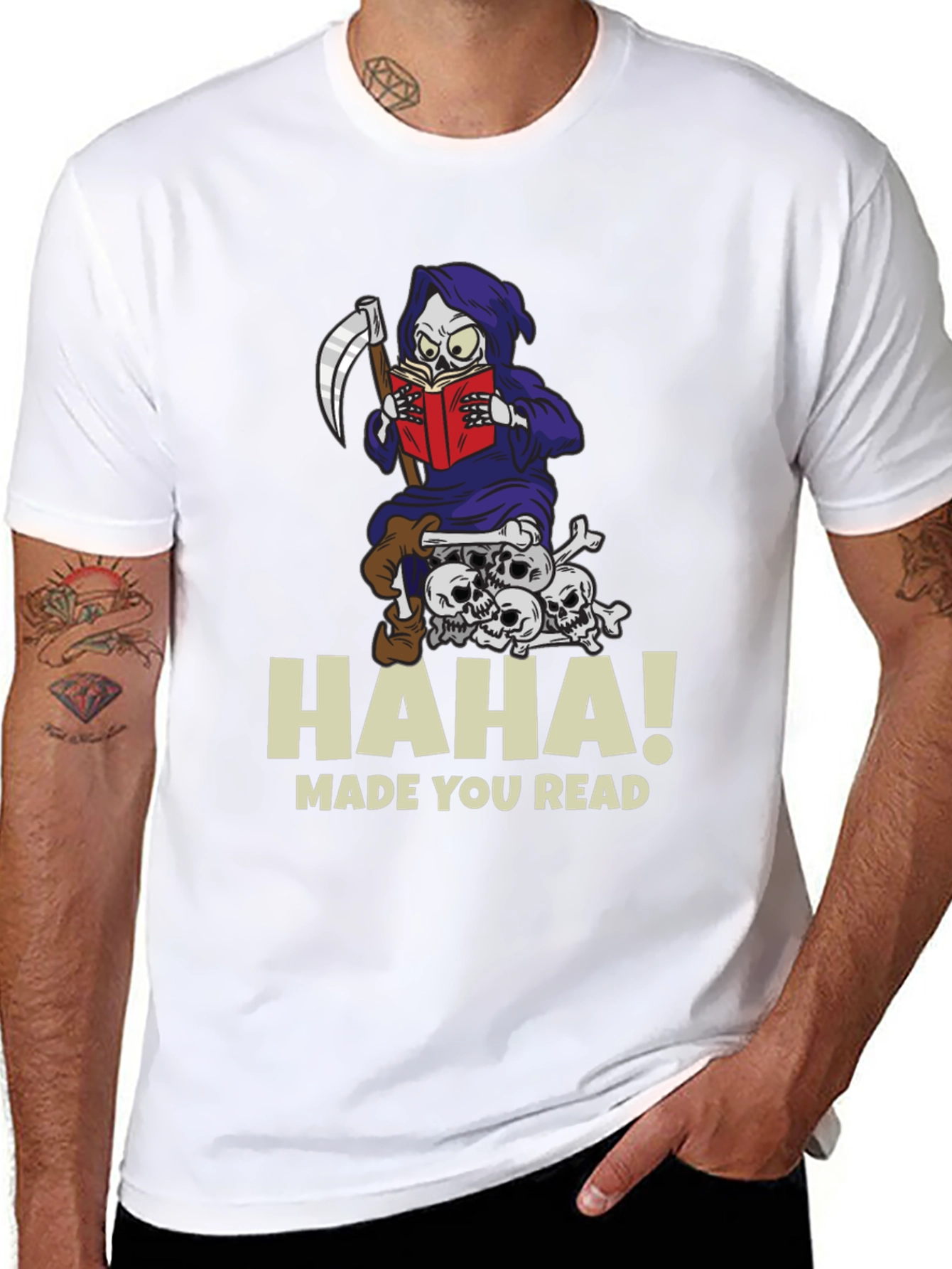 Humorous Grim Reaper Reading Graphic T-Shirt