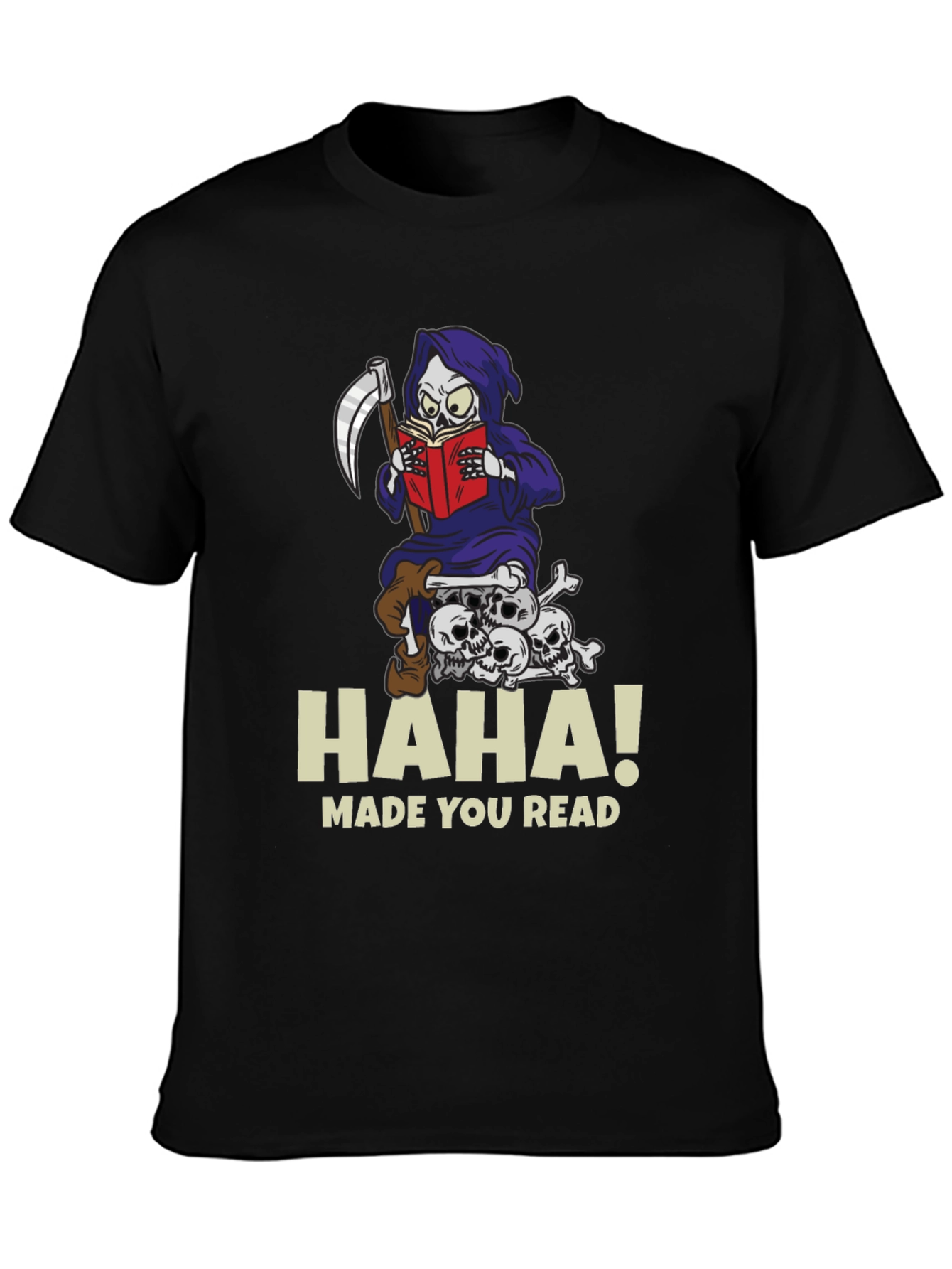 Humorous Grim Reaper Reading Graphic T-Shirt