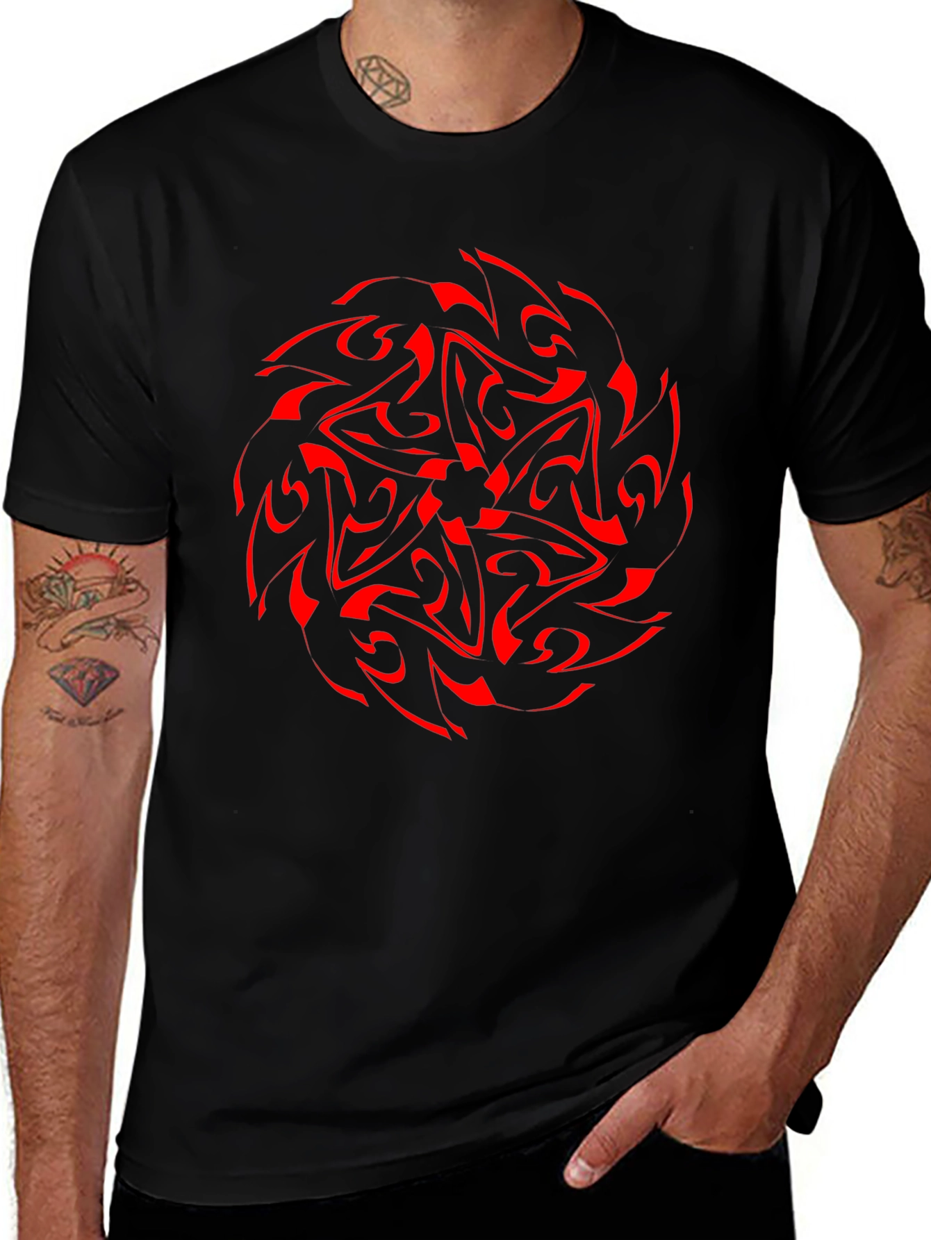 Red Mandala Graphic Black T-Shirt - Stylish Design