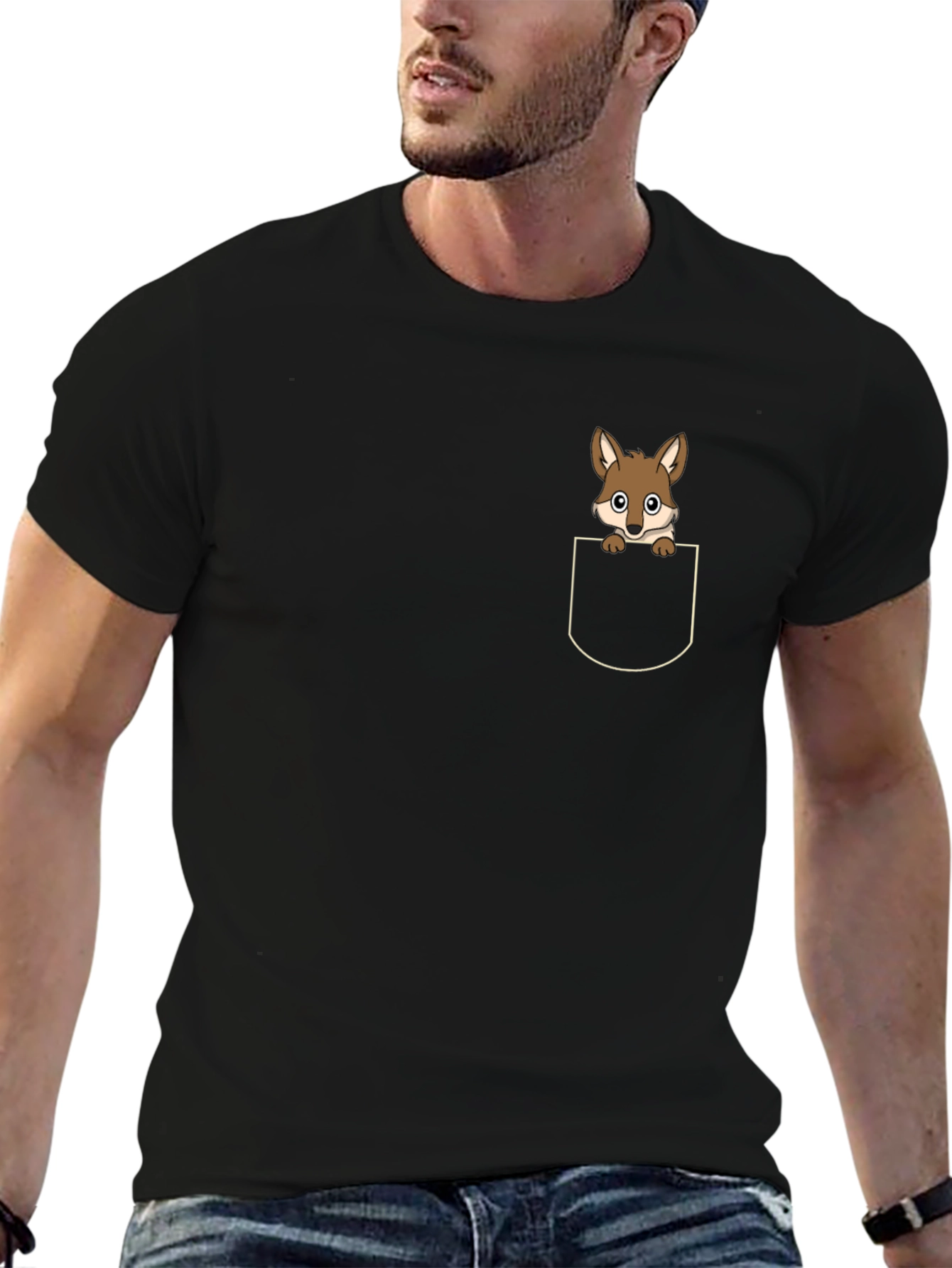 Cute Pocket Fox T-Shirt - Black