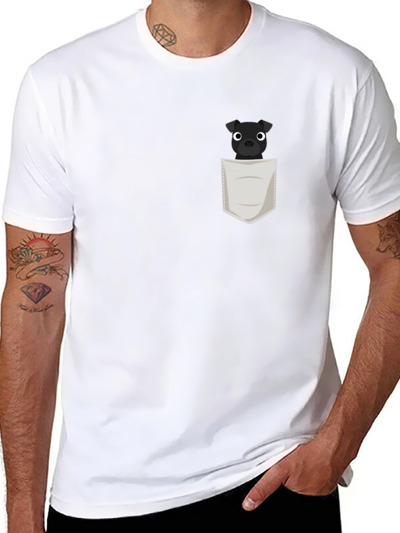 Mens Black T-Shirt with Dog in Pocket Graphic