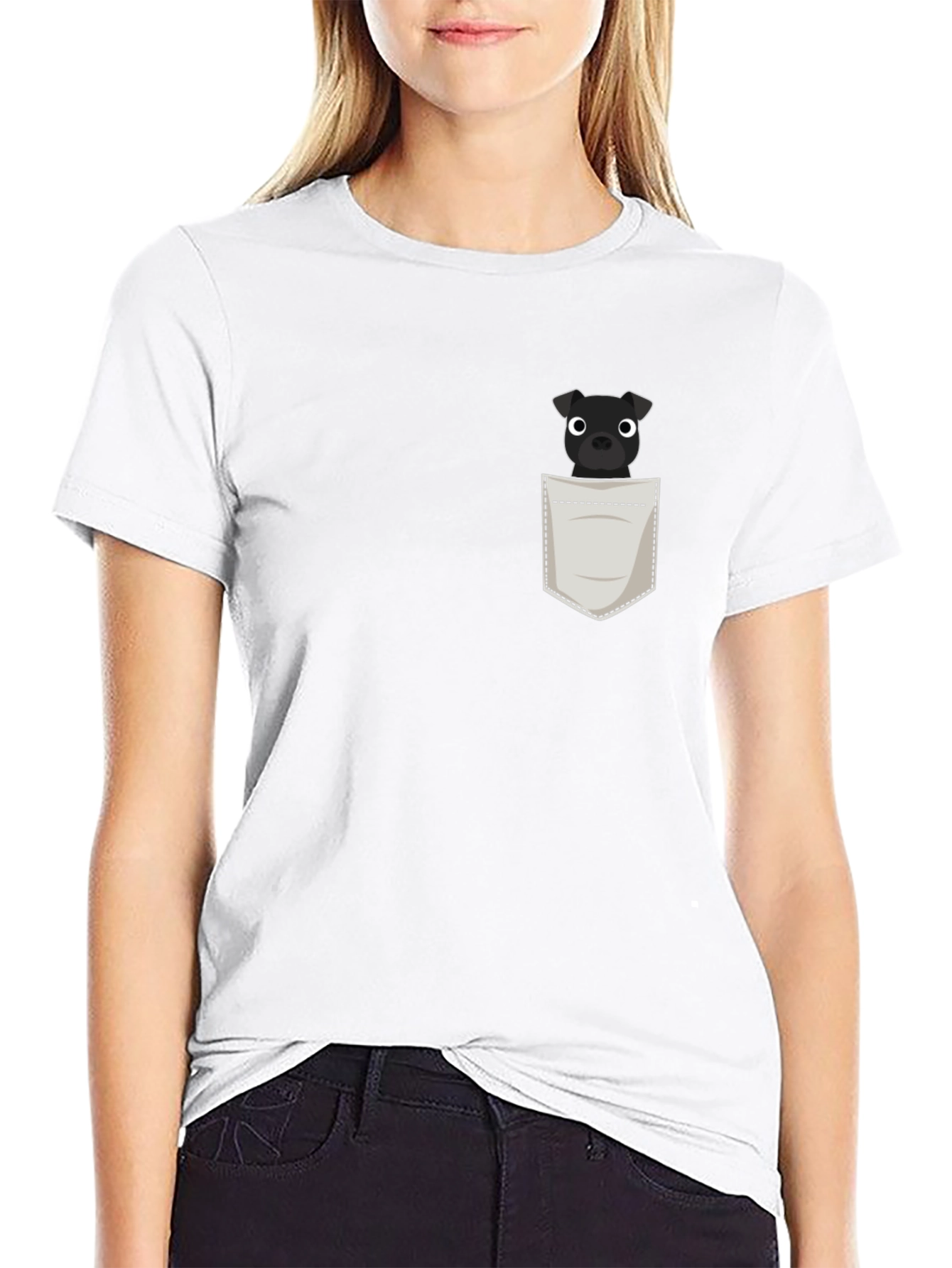 Mens Black T-Shirt with Dog in Pocket Graphic