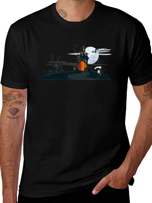 Halloween Black T-Shirt with Spooky Castle Design