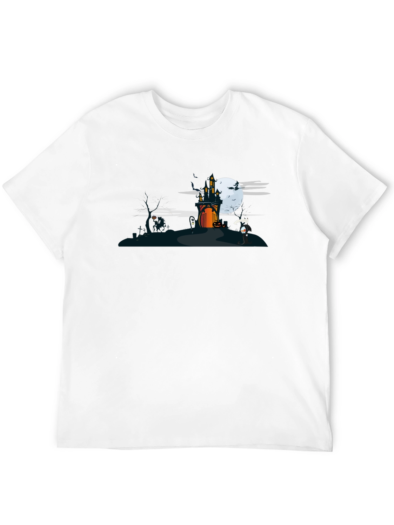 Halloween Black T-Shirt with Spooky Castle Design