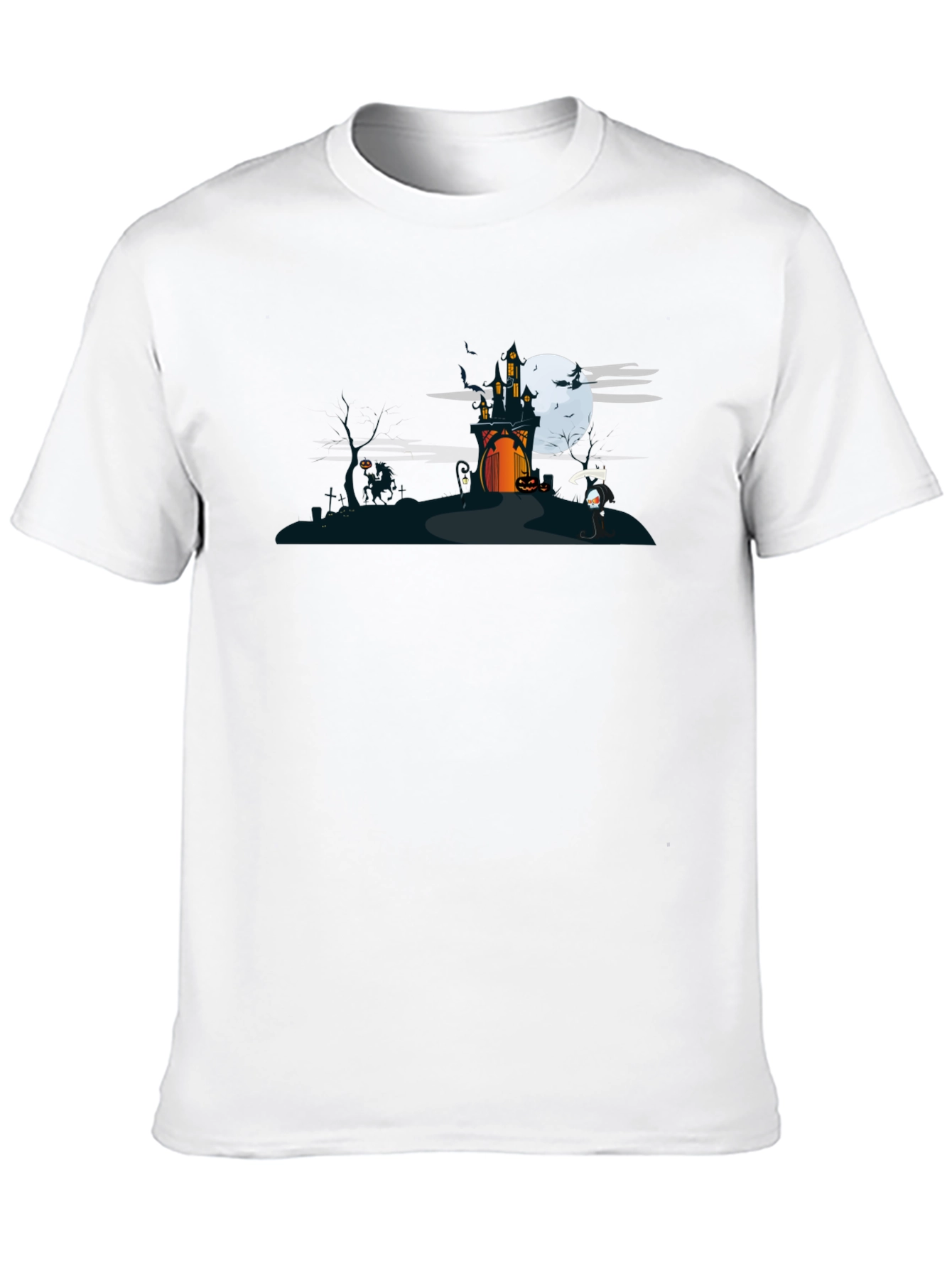 Halloween Black T-Shirt with Spooky Castle Design