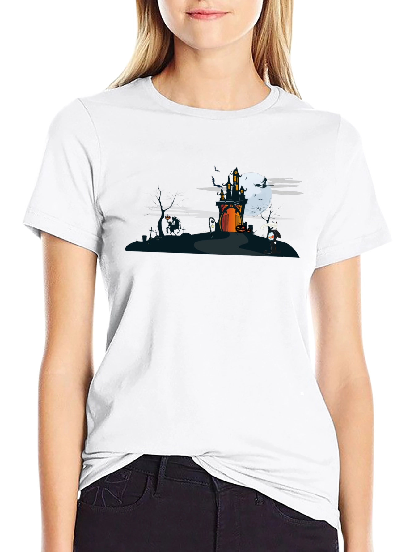 Halloween Black T-Shirt with Spooky Castle Design