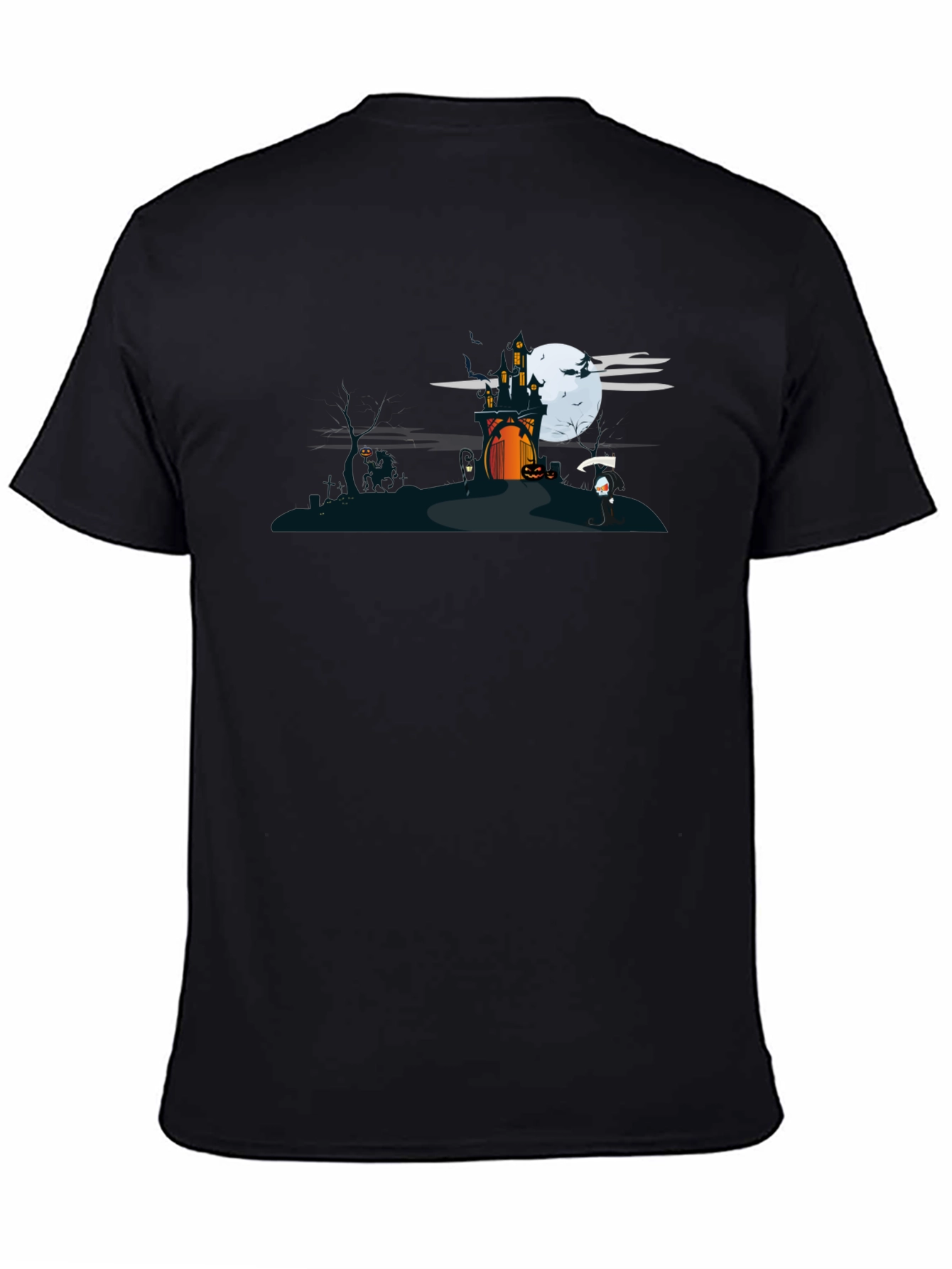 Halloween Black T-Shirt with Spooky Castle Design