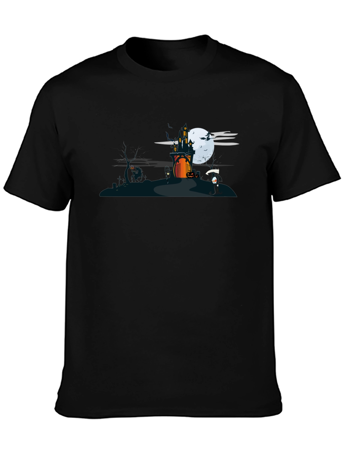 Halloween Black T-Shirt with Spooky Castle Design