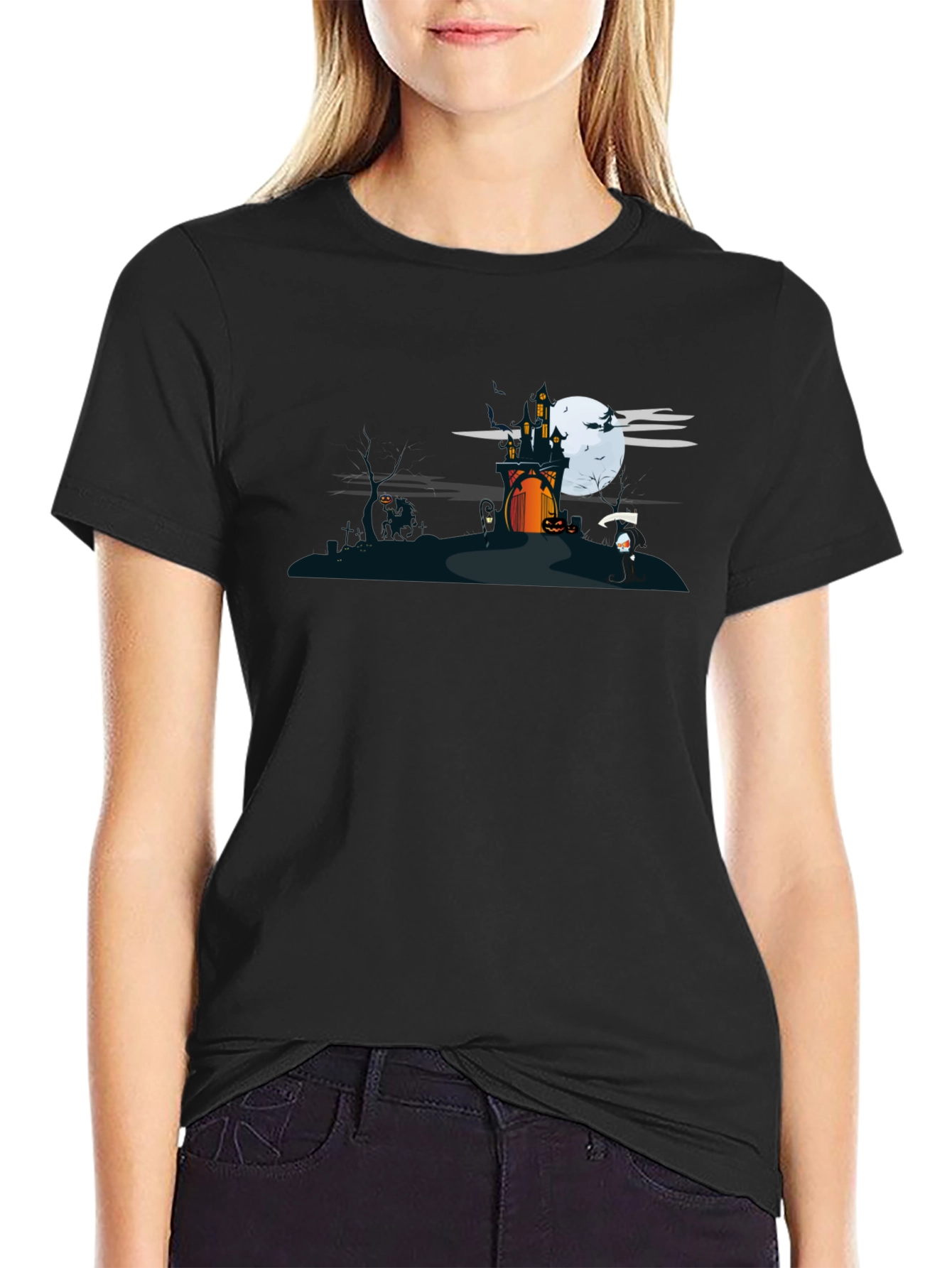 Halloween Black T-Shirt with Spooky Castle Design