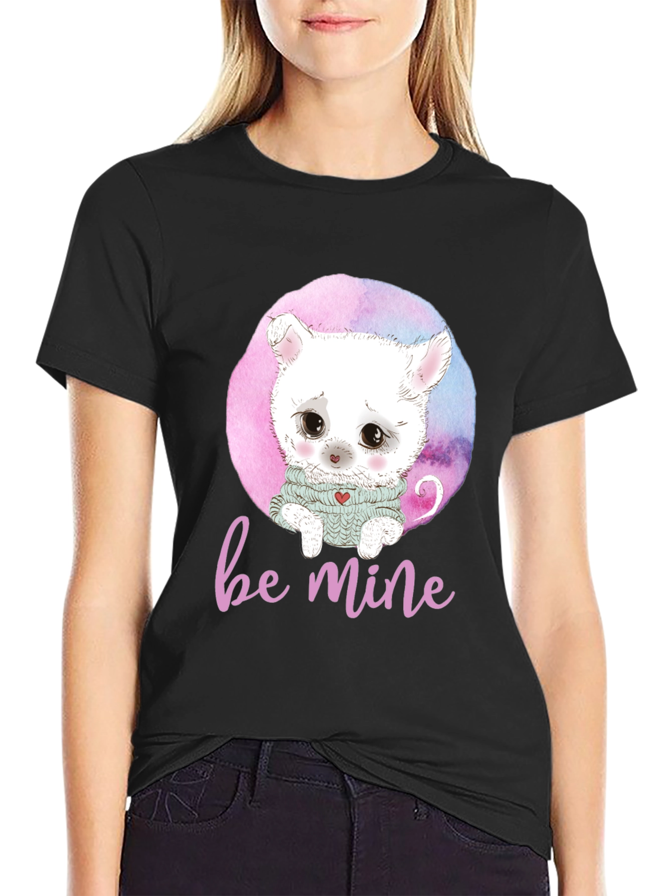 Be Mine Cat Graphic Black T-Shirt