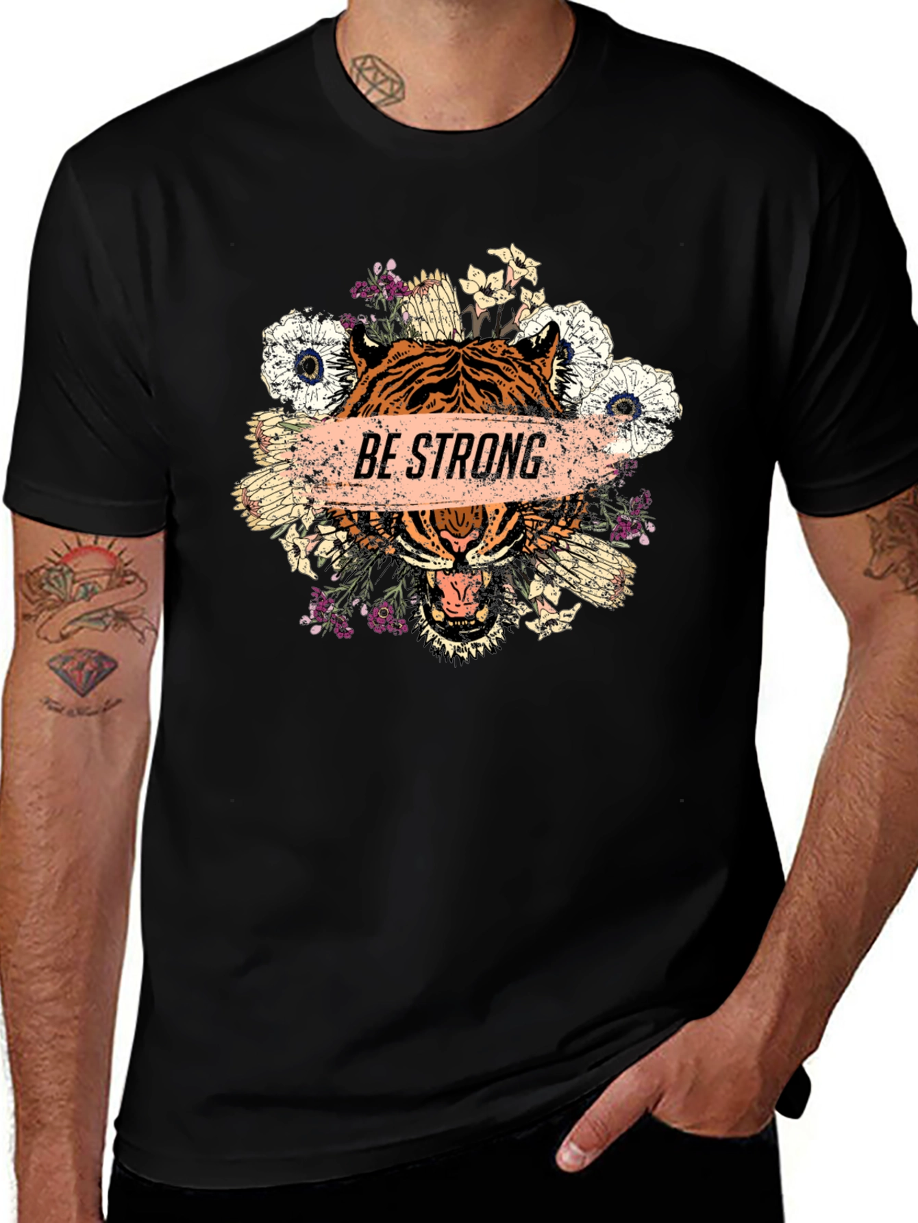 Be Strong Tiger Graphic Tee - Mens Black T-Shirt