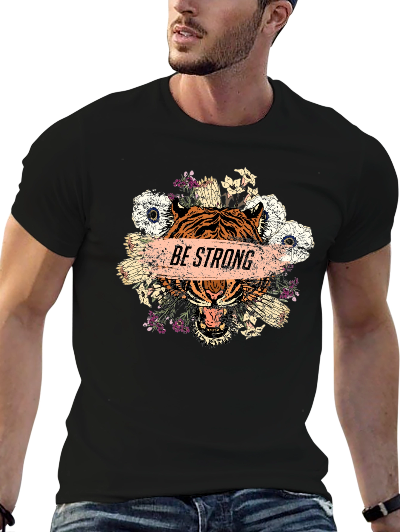 Be Strong Tiger Graphic Tee - Mens Black T-Shirt