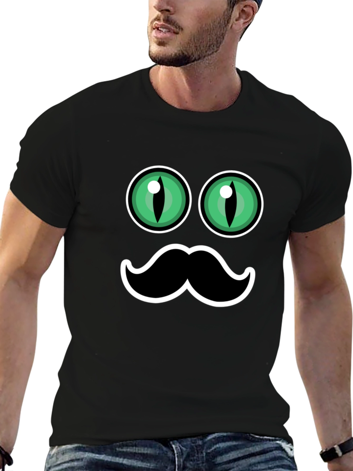 Funny Cat Eyes & Moustache Graphic T-Shirt