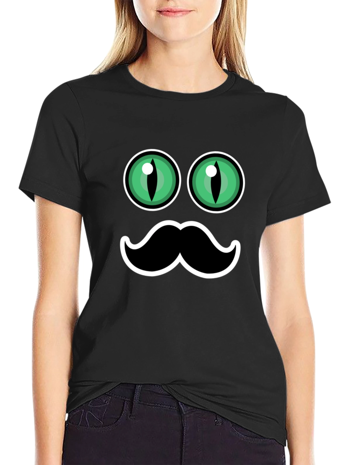 Funny Cat Eyes & Moustache Graphic T-Shirt