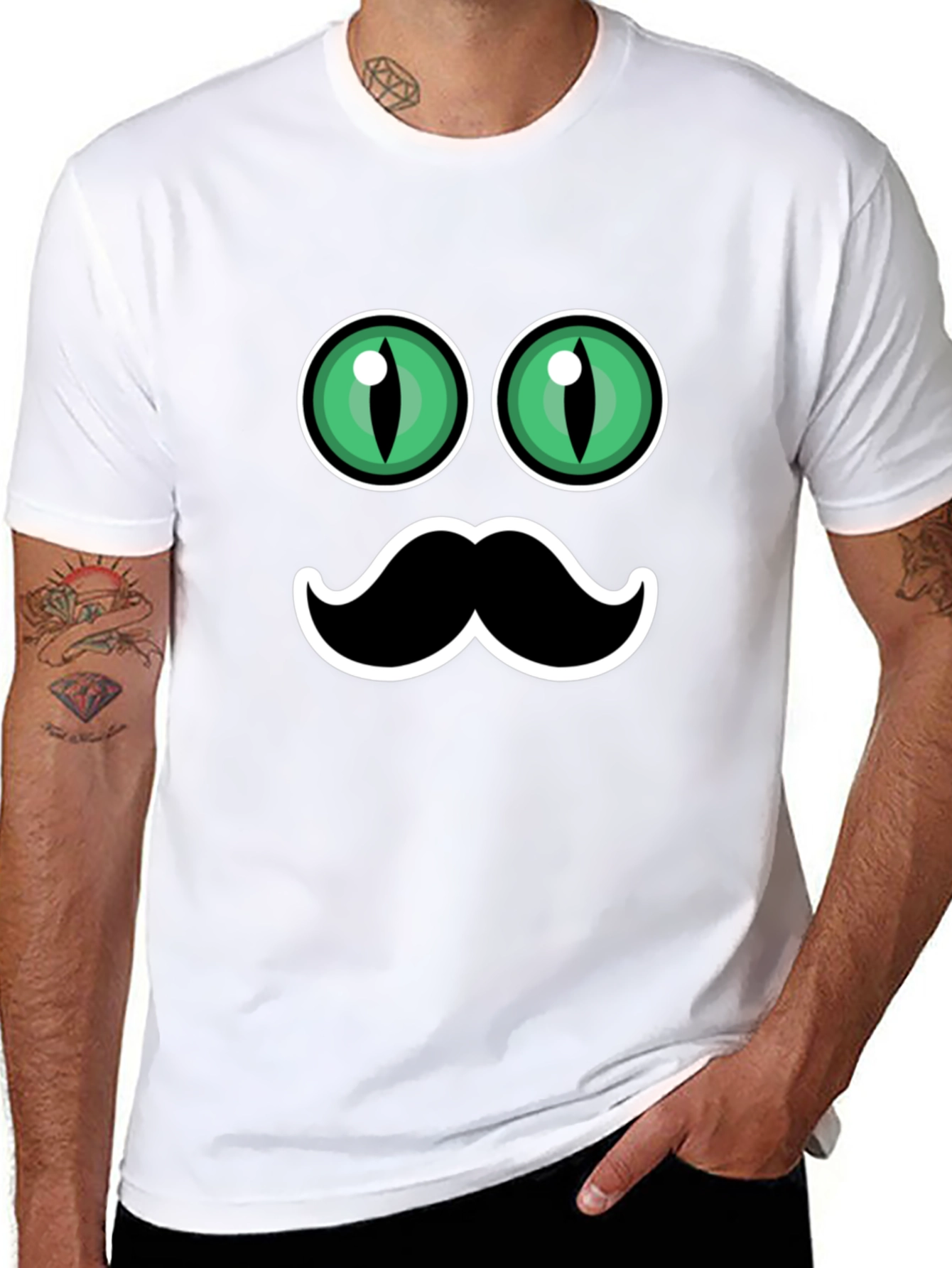 Funny Cat Eyes & Moustache Graphic T-Shirt