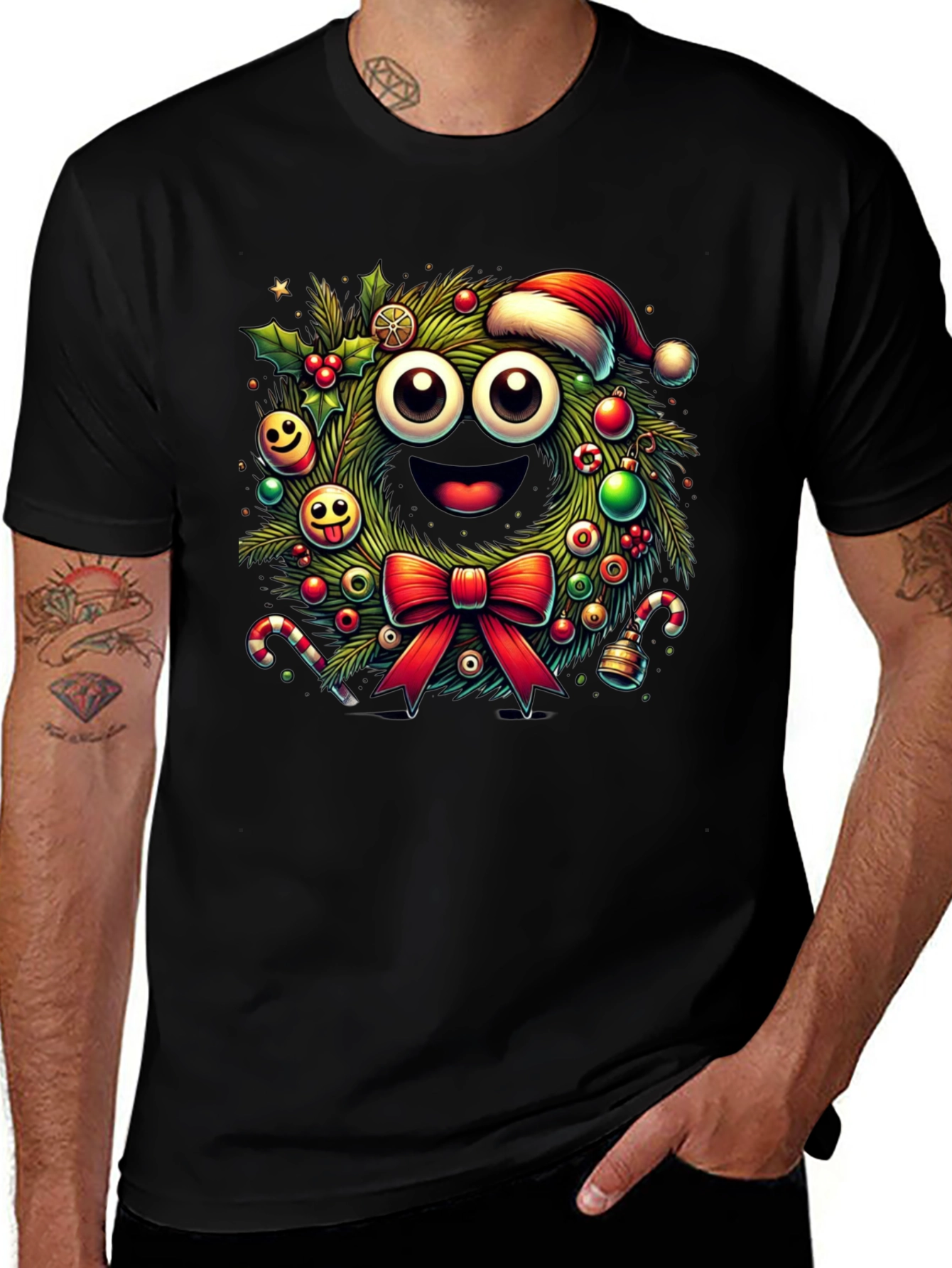 Festive Christmas Wreath Cartoon T-Shirt
