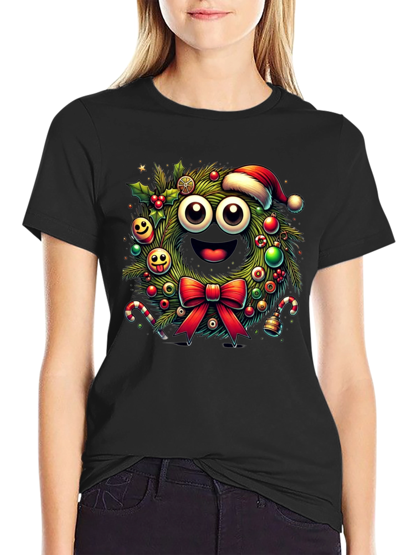 Festive Christmas Wreath Cartoon T-Shirt