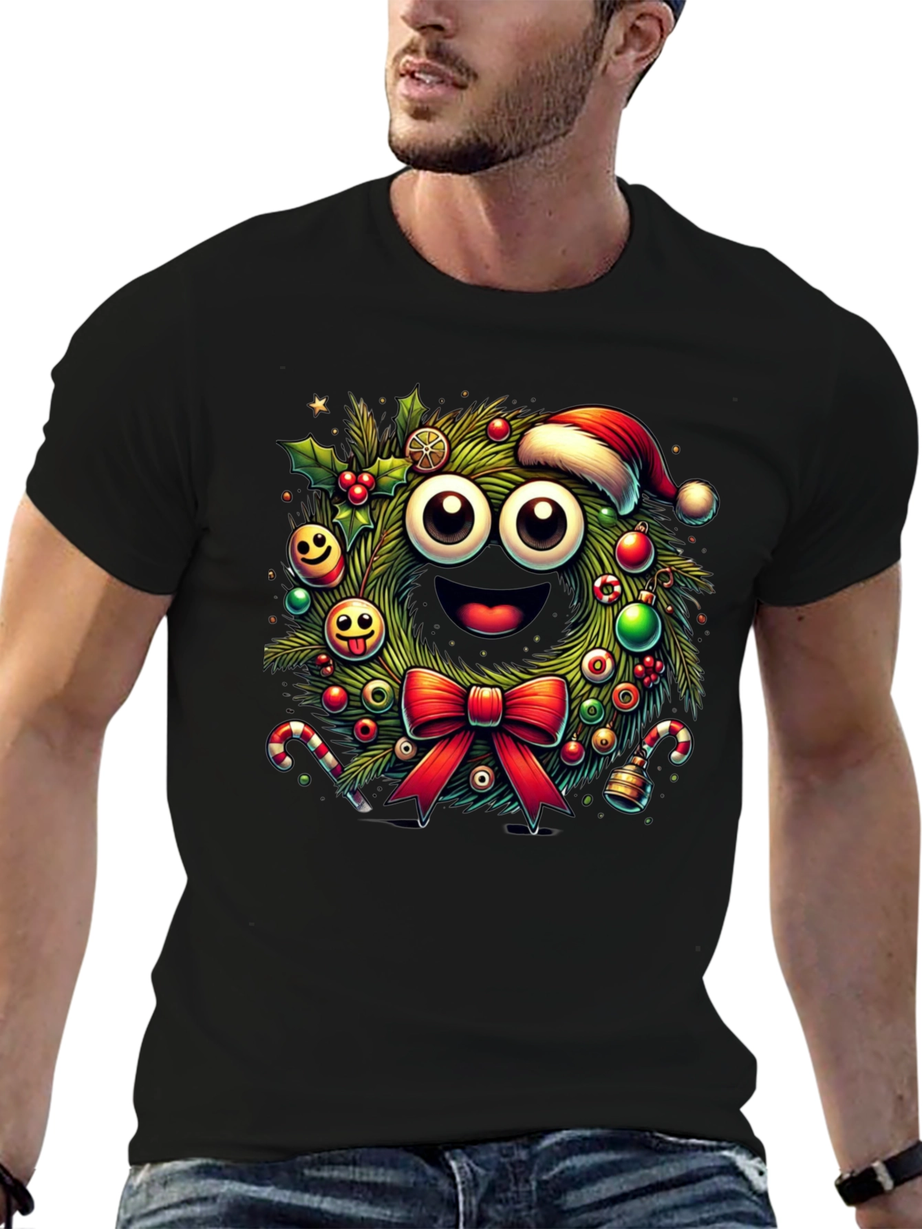 Festive Christmas Wreath Cartoon T-Shirt