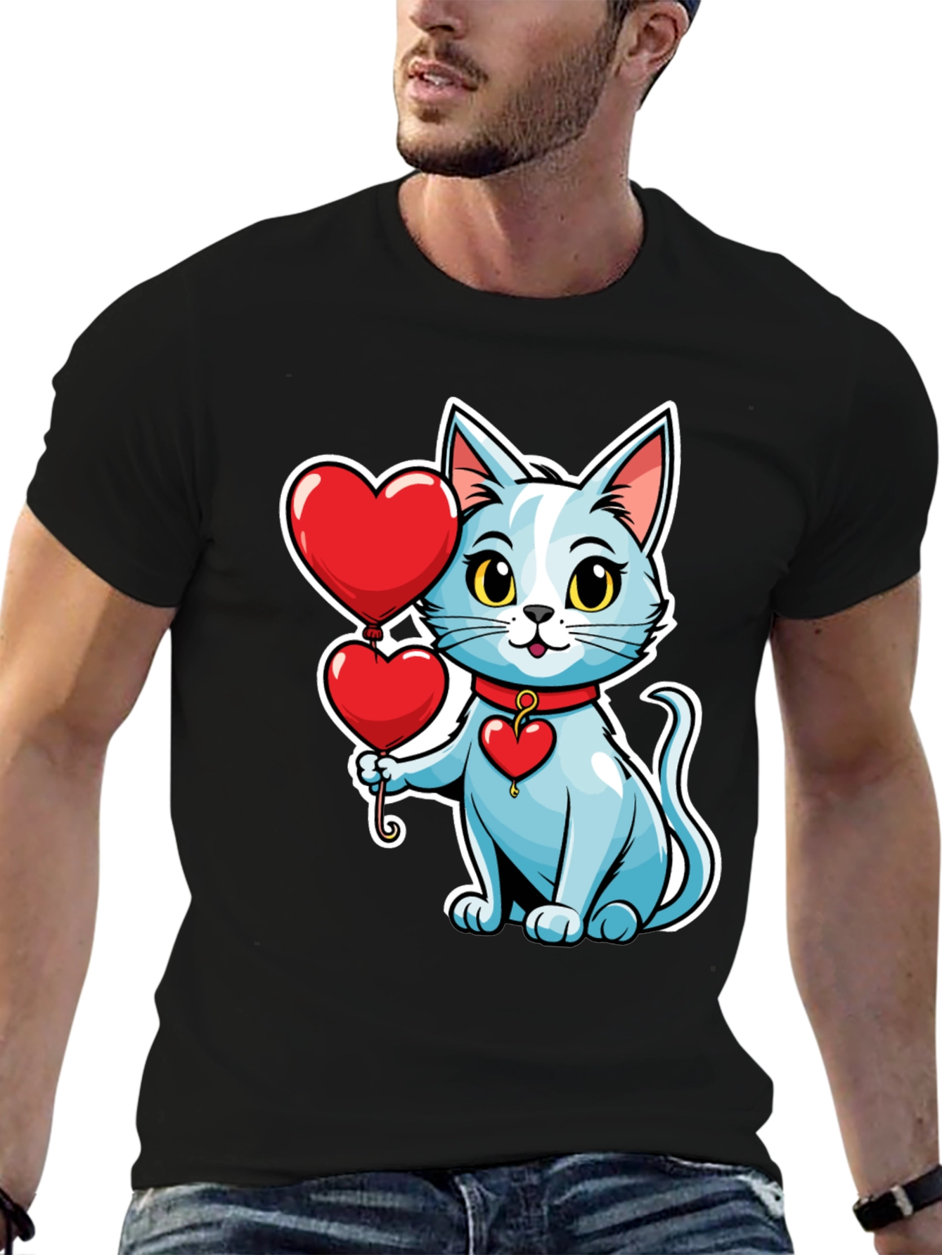 Cute Cat with Heart Balloons Black T-Shirt