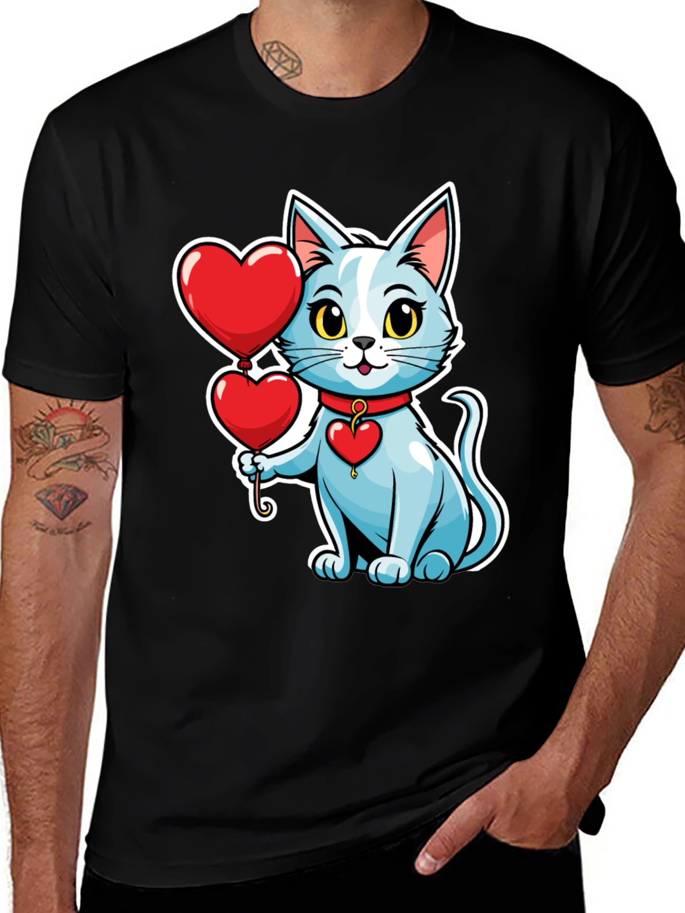 Cute Cat with Heart Balloons Black T-Shirt
