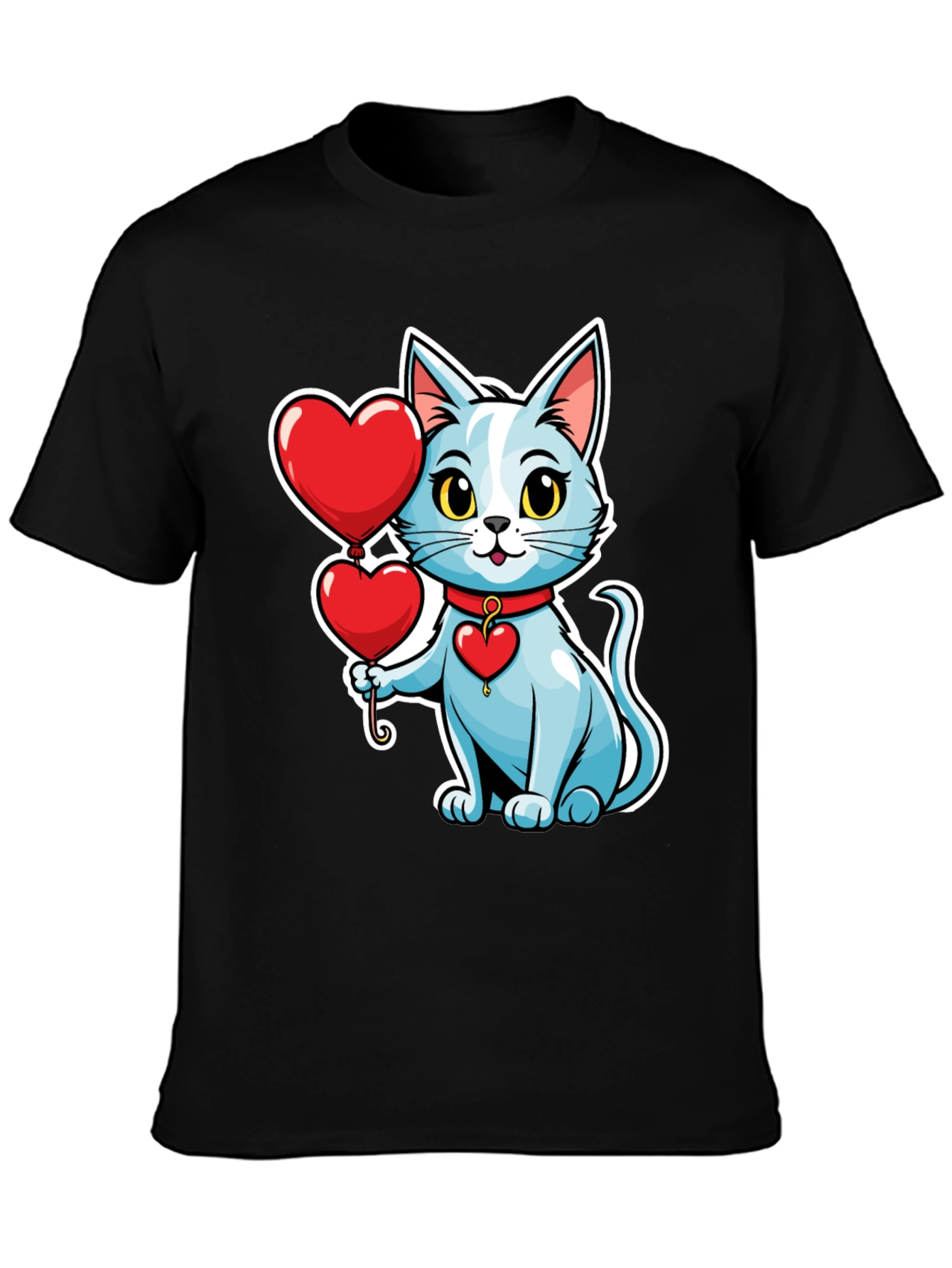 Cute Cat with Heart Balloons Black T-Shirt