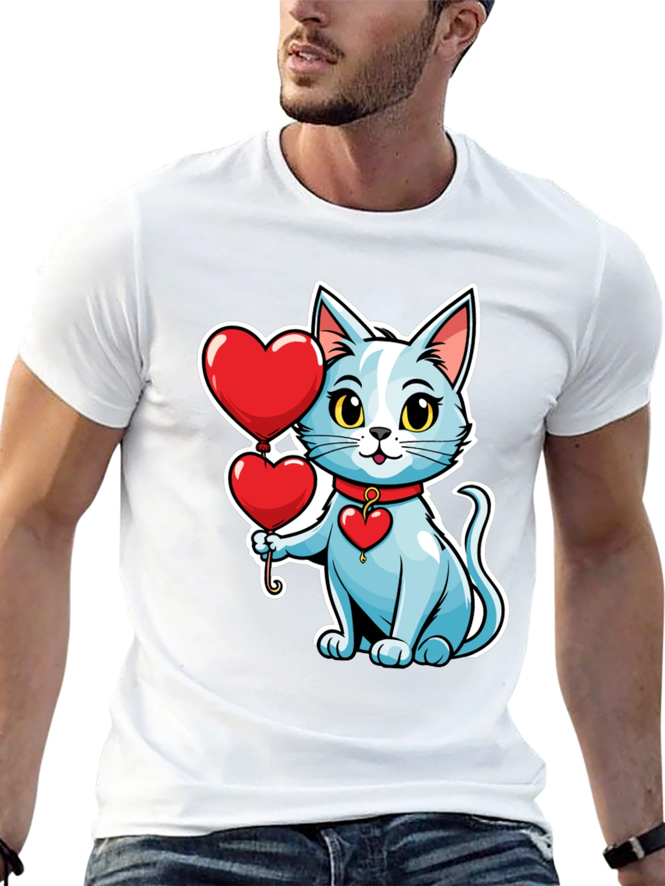 Cute Cat with Heart Balloons Black T-Shirt