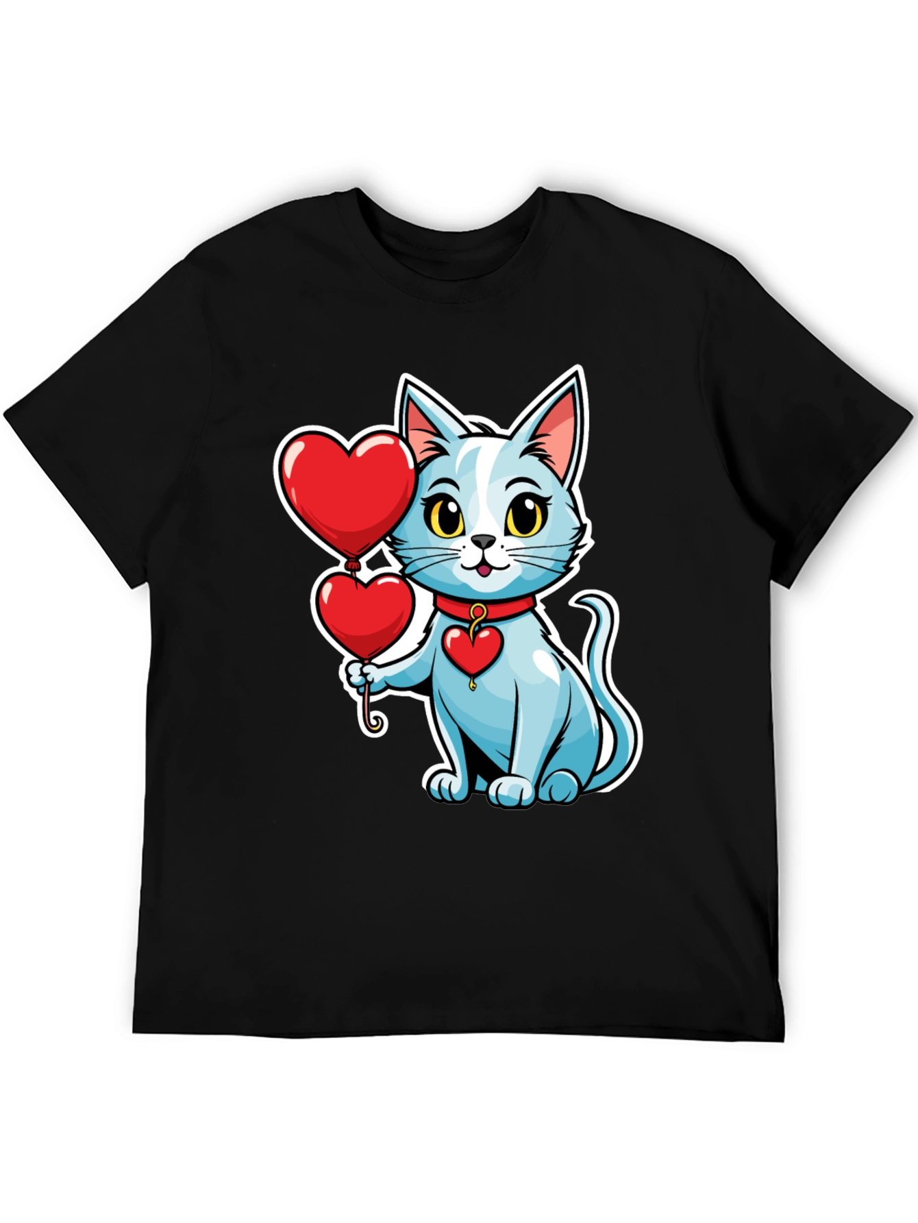 Cute Cat with Heart Balloons Black T-Shirt