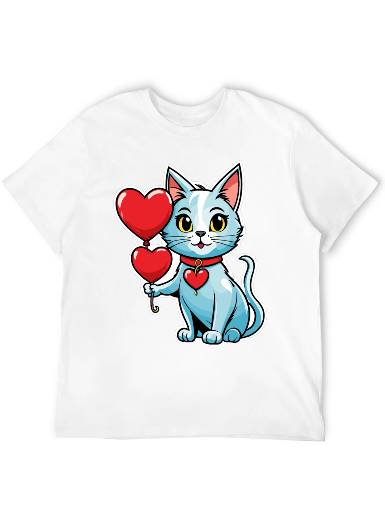 Cute Cat with Heart Balloons Black T-Shirt
